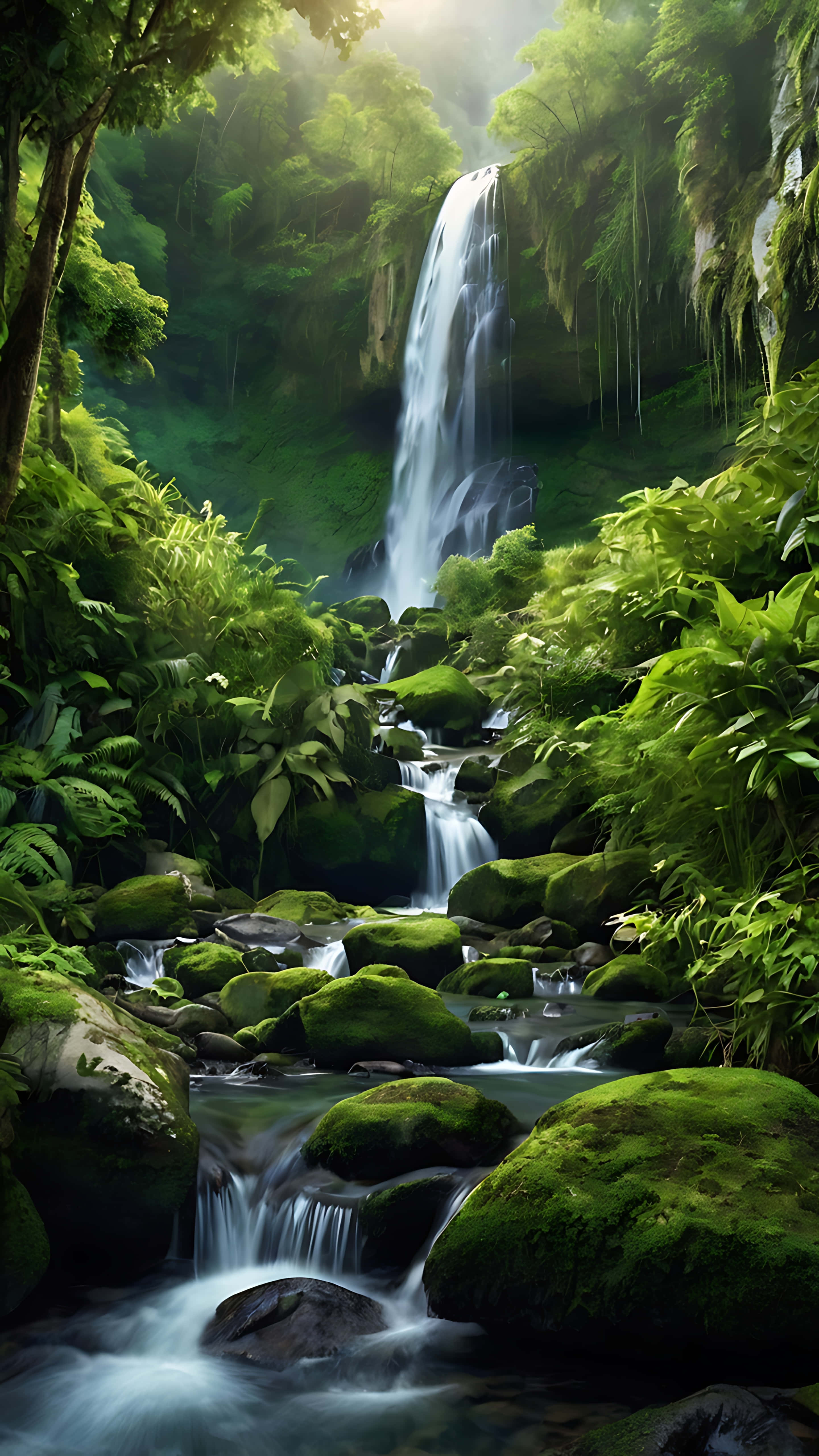 mystical waterfall, verdant hill, emerald jungle, 5K Phone Wallpaper