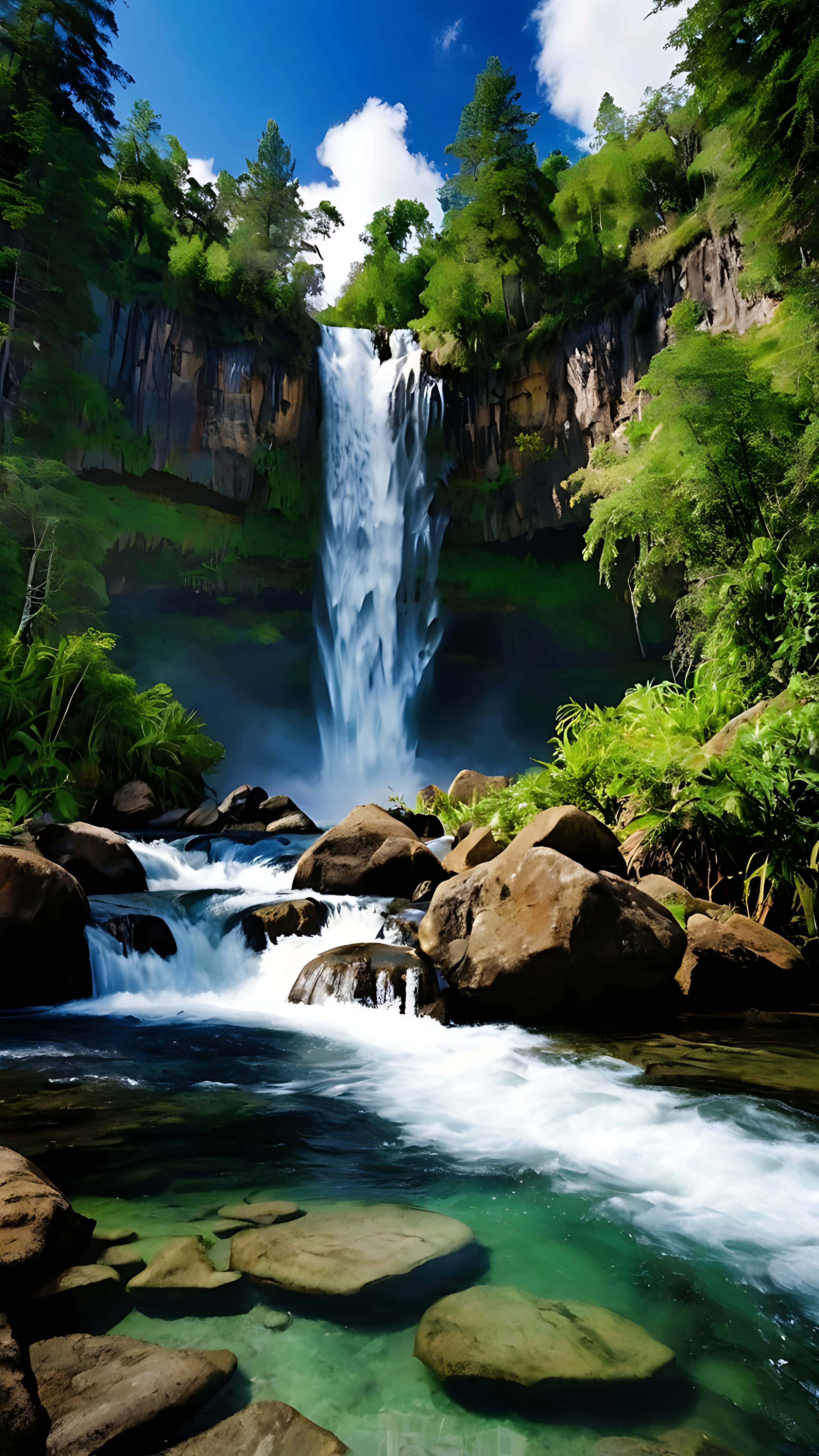 towering waterfall, turquoise pool, lush green forest, 5K Phone Wallpaper