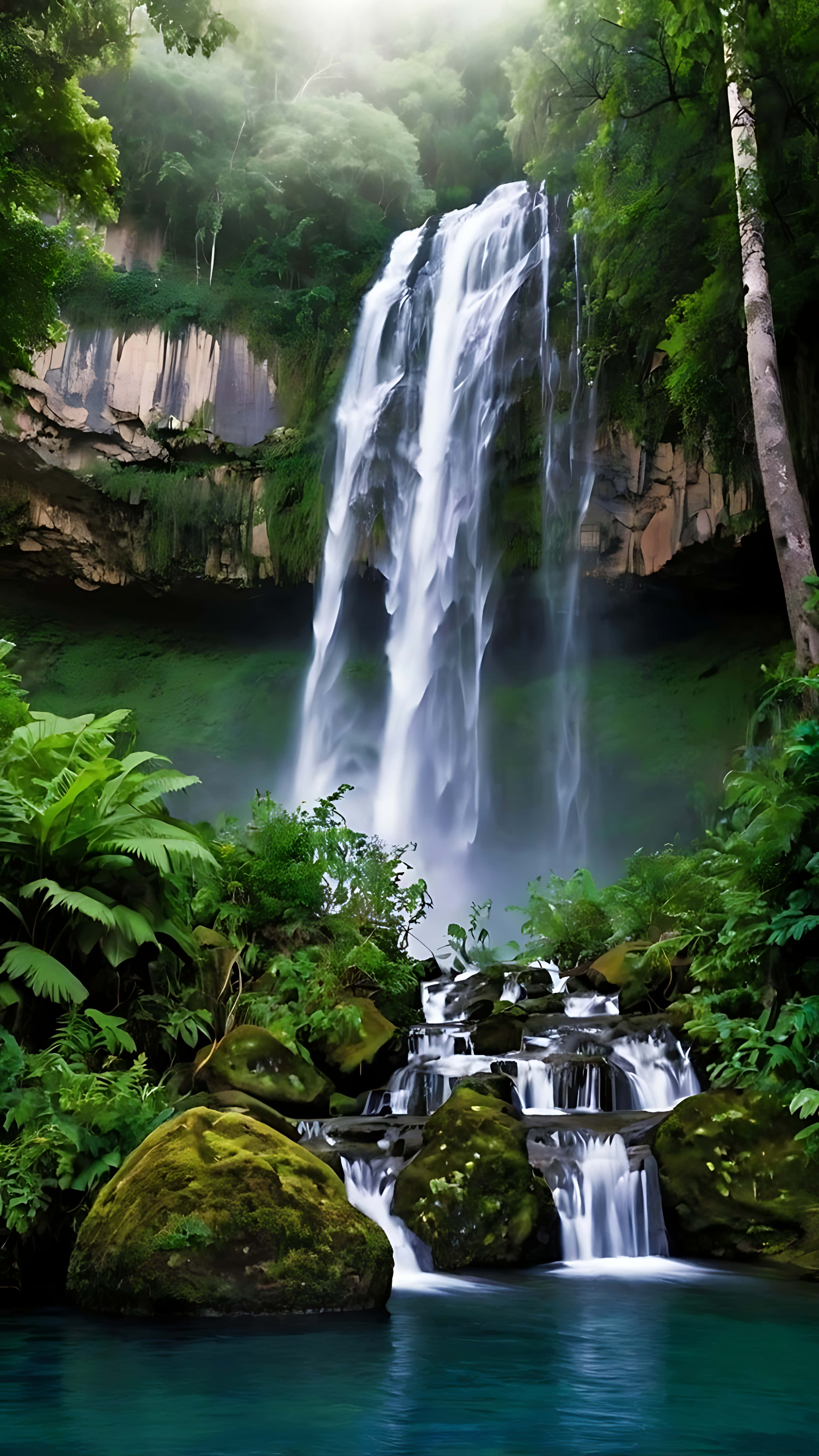 towering waterfall, lush green jungle, serene turquoise pool, 5K Phone Wallpaper