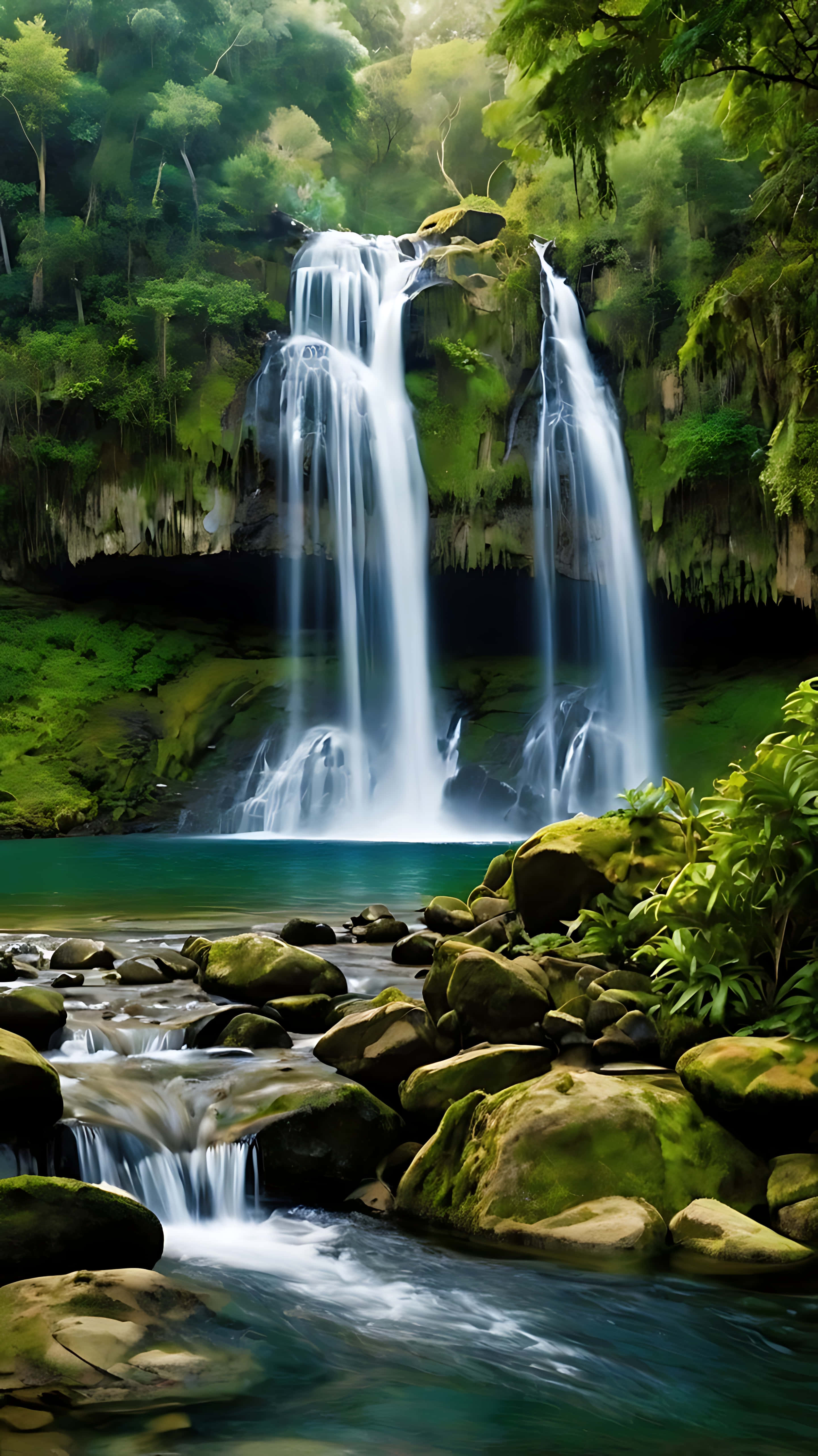 towering waterfall, lush green jungle, turquoise pool, 5K Phone Wallpaper