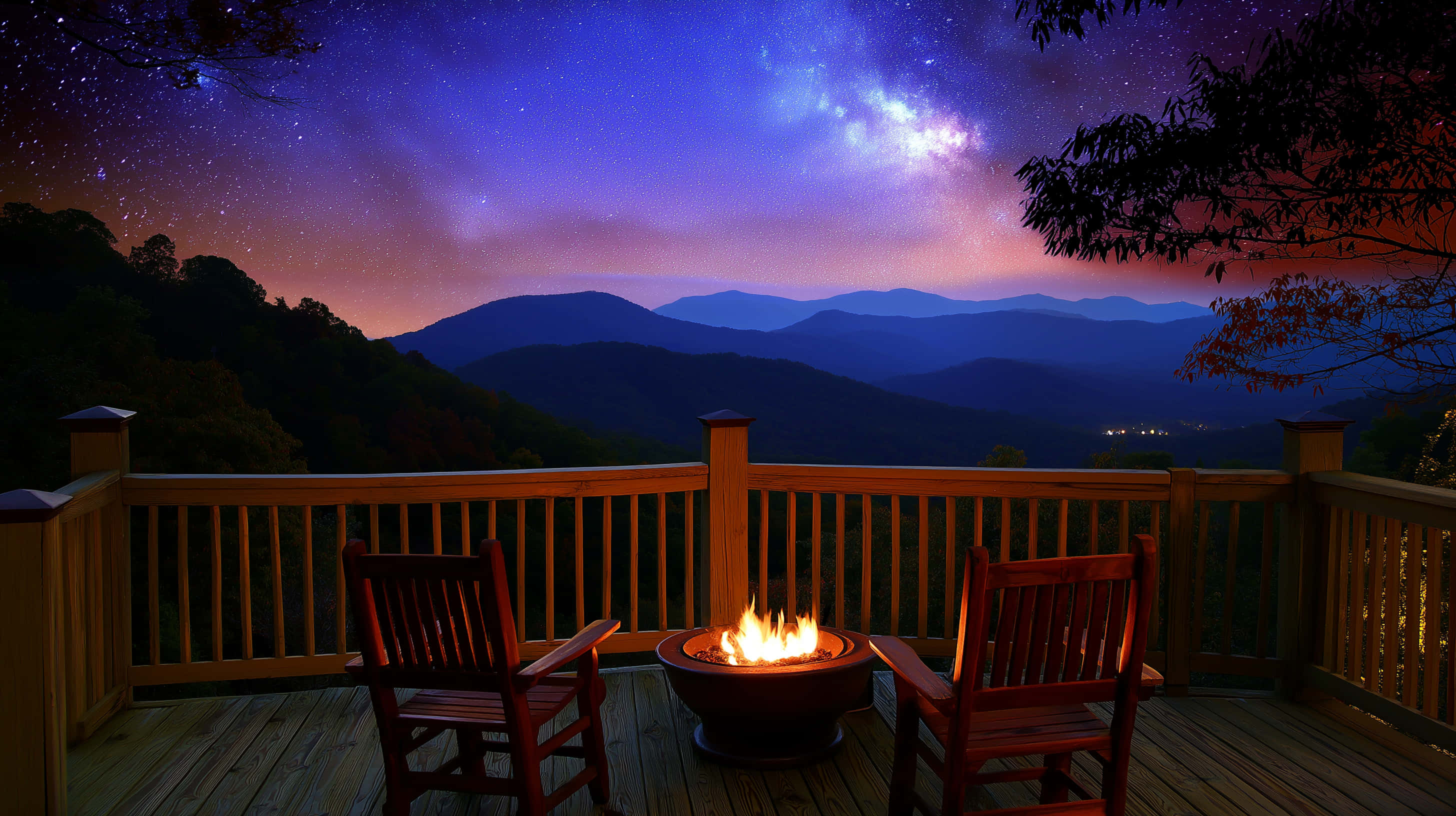 fire pit, wooden chairs, deck, 2K Desktop Wallpaper