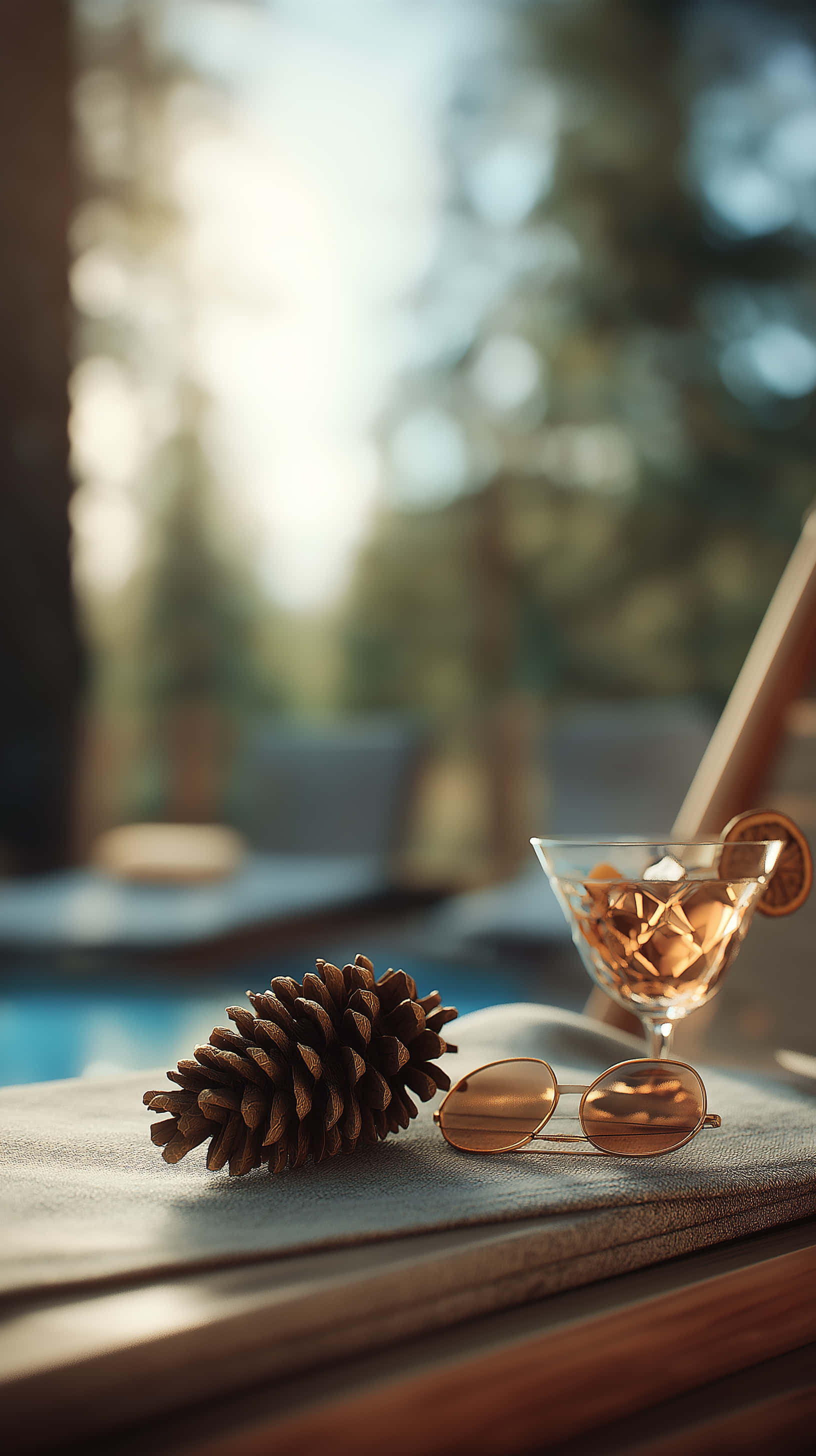 pinecone, gold-rimmed sunglasses, cocktail glass, 2K Phone Wallpaper