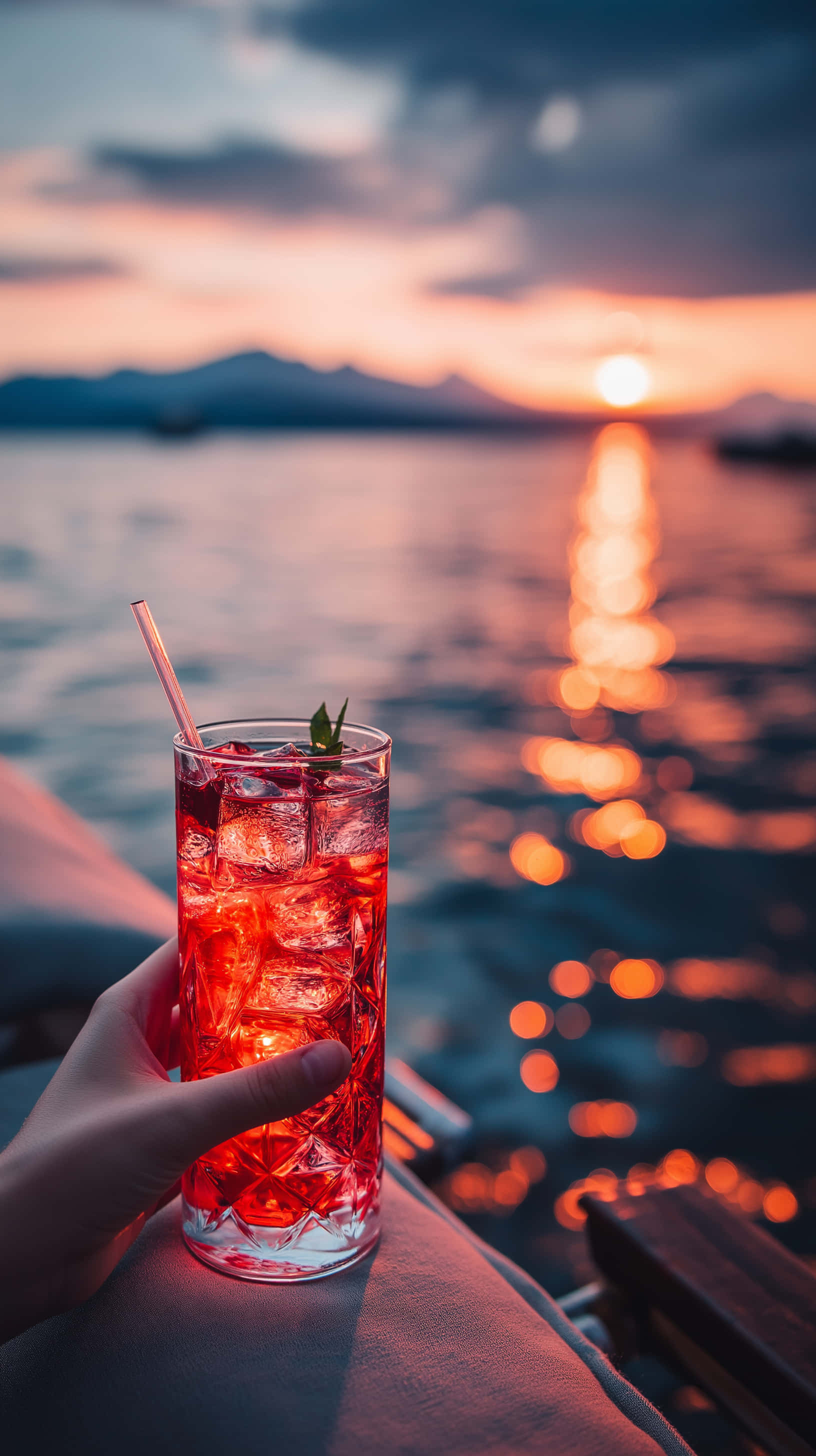 sunset, water, glass of red cocktail, 2K Phone Wallpaper