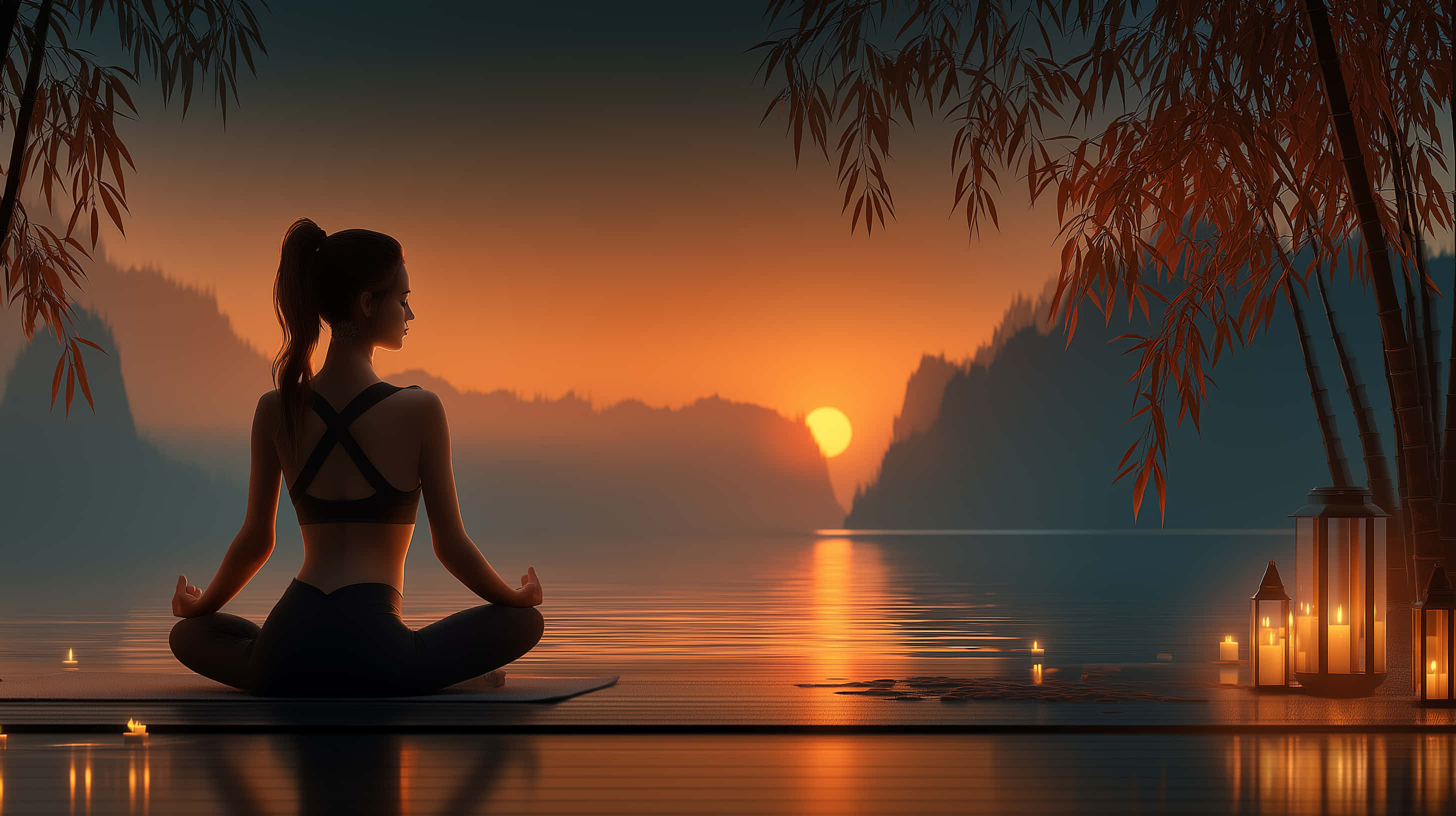 lotus pose, wooden dock, sunset, 2K Desktop Wallpaper