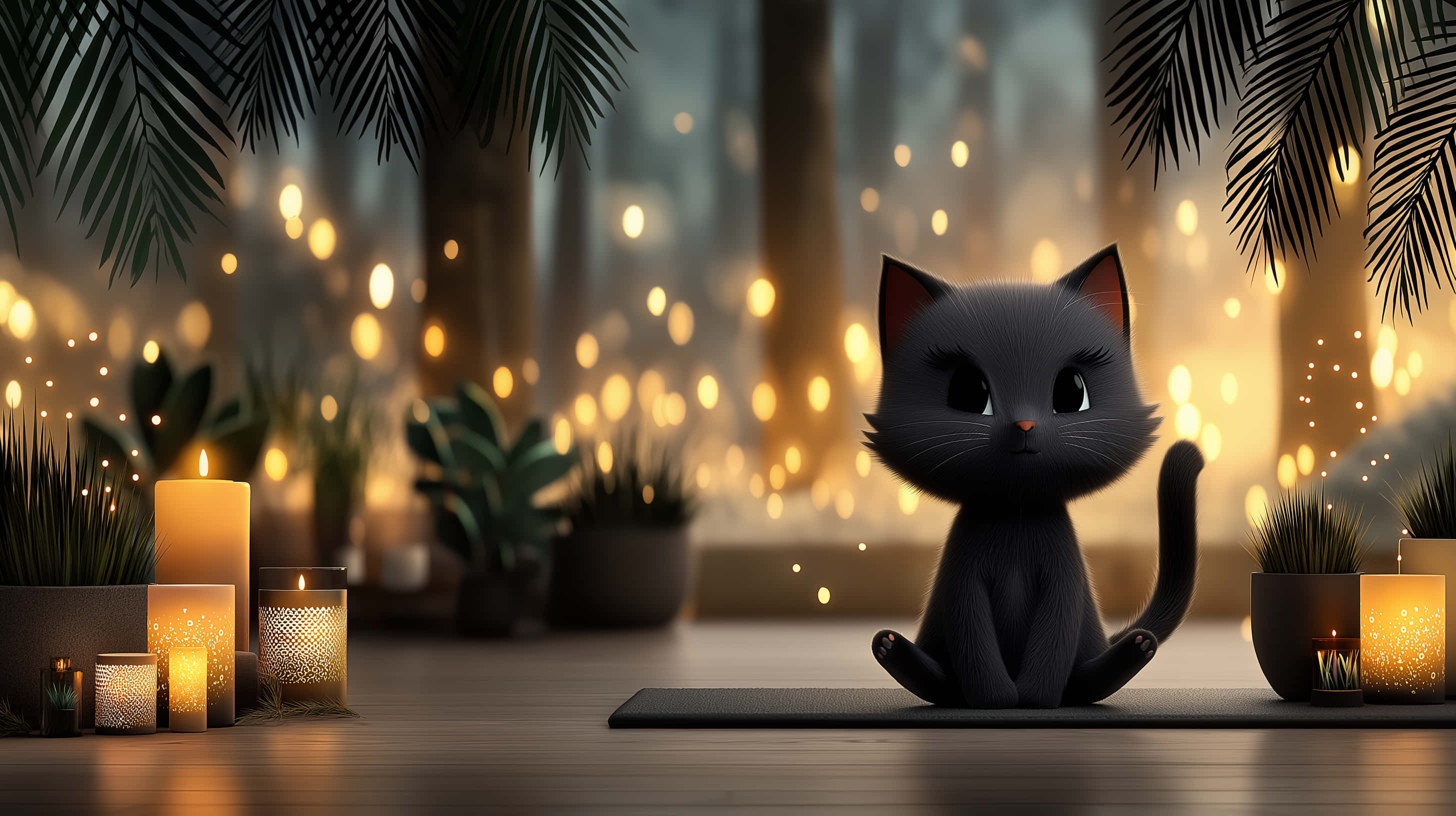 black cartoon cat, yoga pose, bokeh lights, 2K Desktop Wallpaper