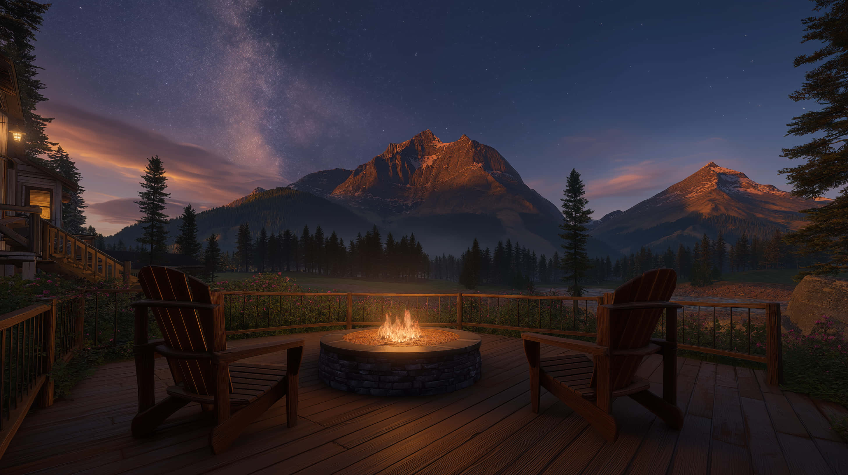 cozy fire pit deck, stone fire pit glowing, starry sky, 2K Desktop Wallpaper