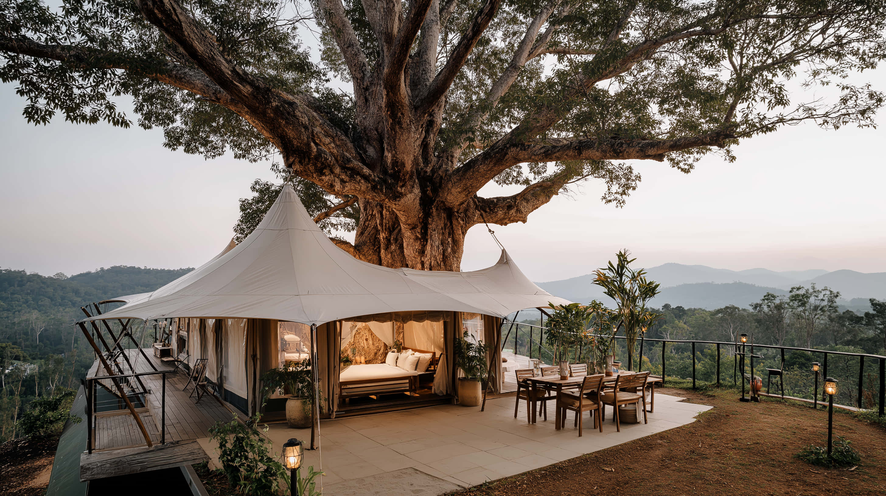 luxurious glamping resort, grand ancient tree, white tented suite, 2K Desktop Wallpaper