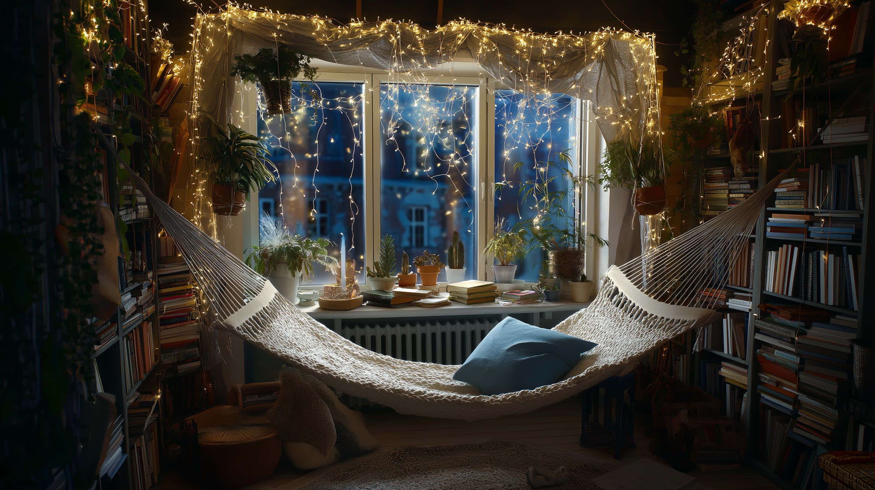 cozy hammock, bookshelves, twinkling fairy lights, 2K Desktop Wallpaper
