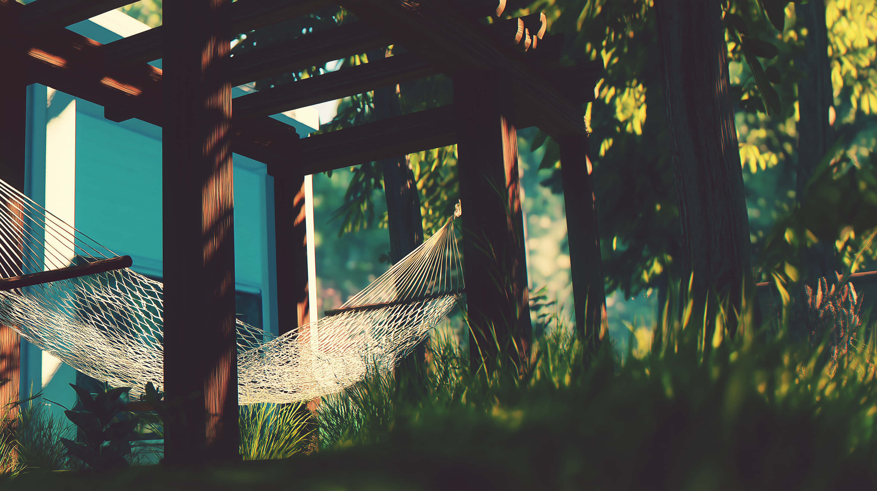 white hammocks, wooden pergola, lush green grass, 2K Desktop Wallpaper