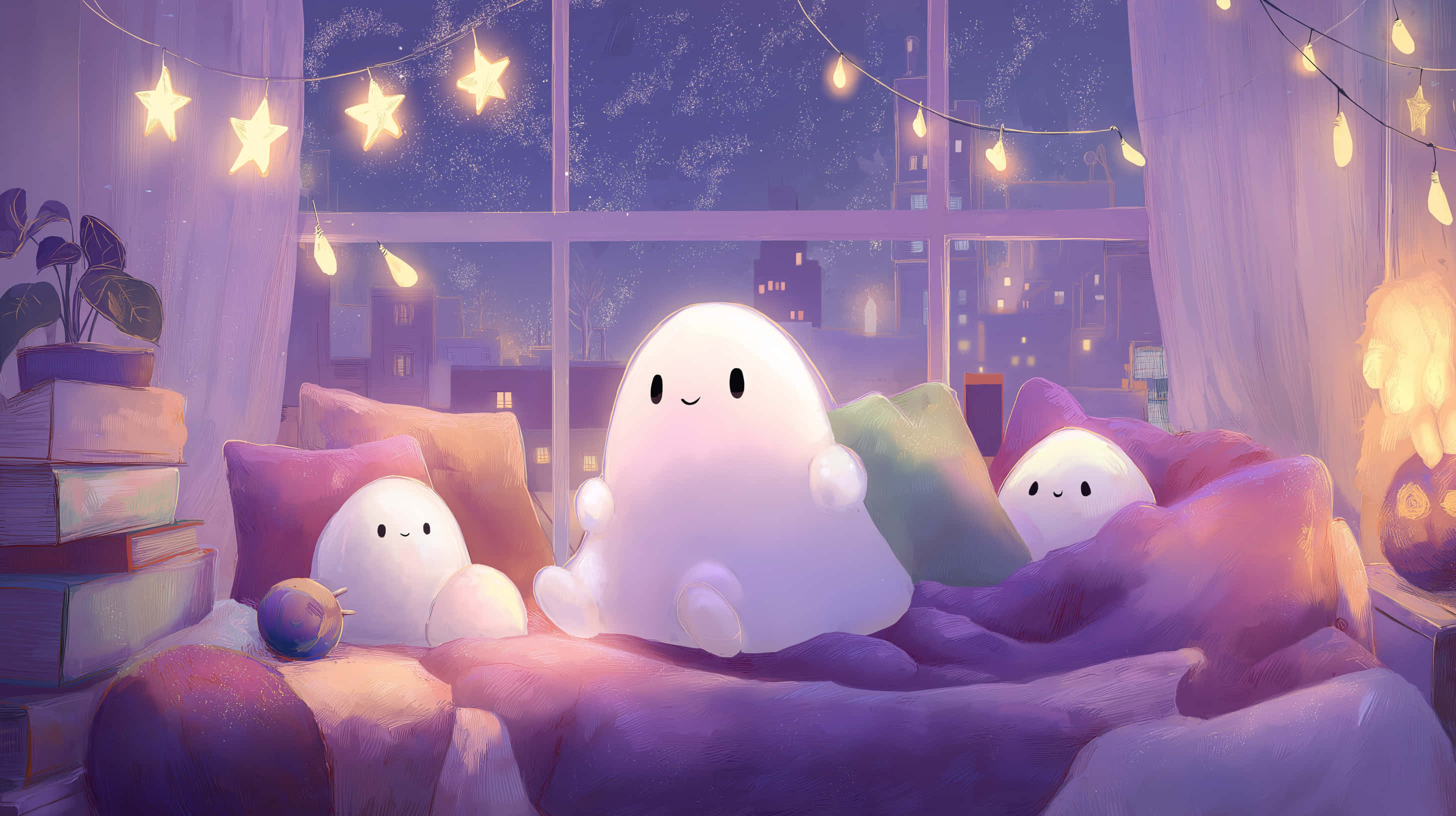 glowing white ghost-like creatures, cozy bed, starlit string lights, 2K Desktop Wallpaper
