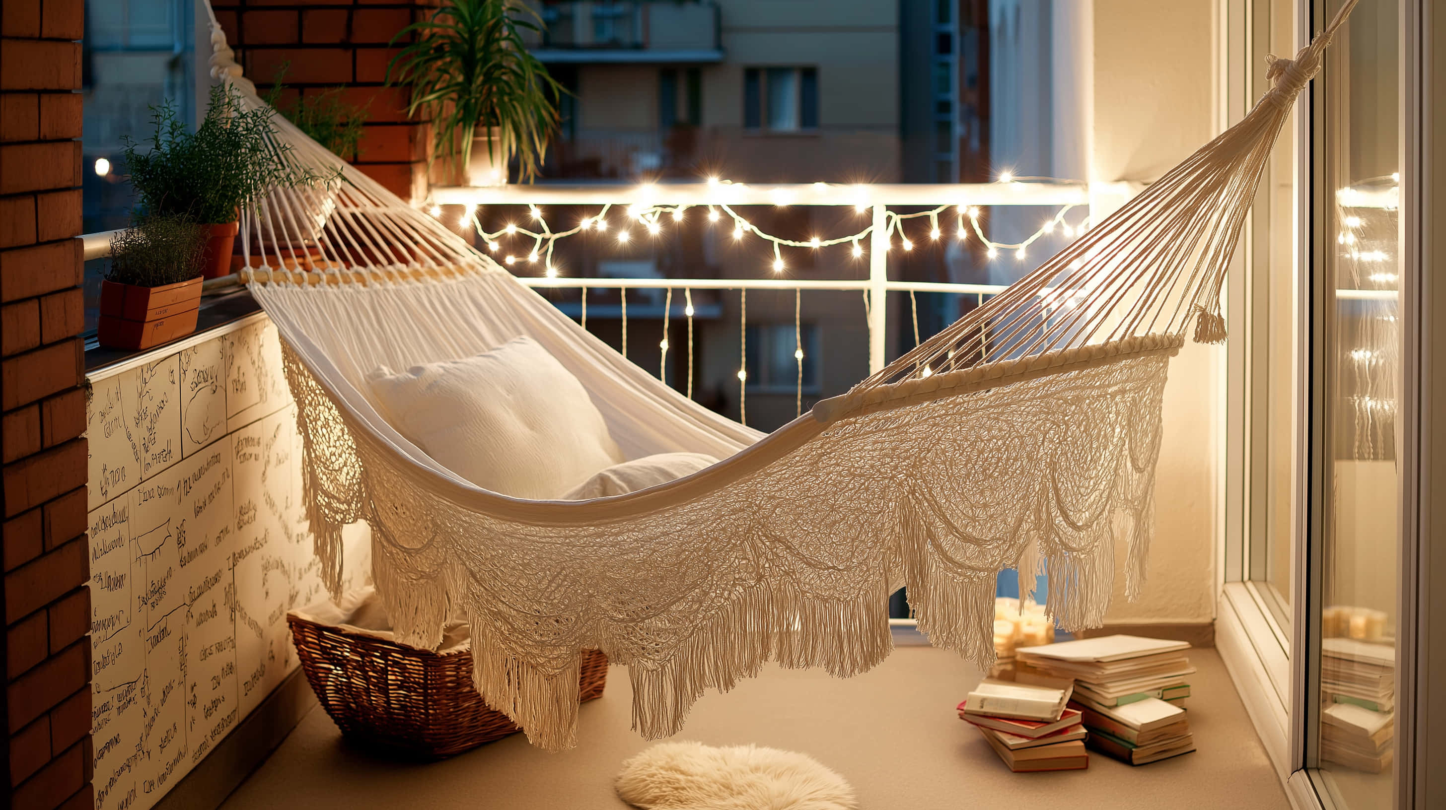 cream macrame hammock, string lights, balcony, 2K Desktop Wallpaper
