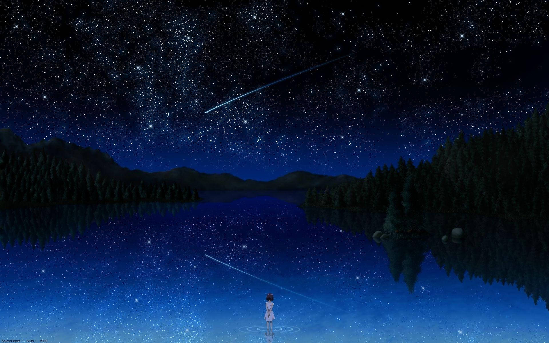 starlit lake, shooting star, night, Full HD Desktop Wallpaper