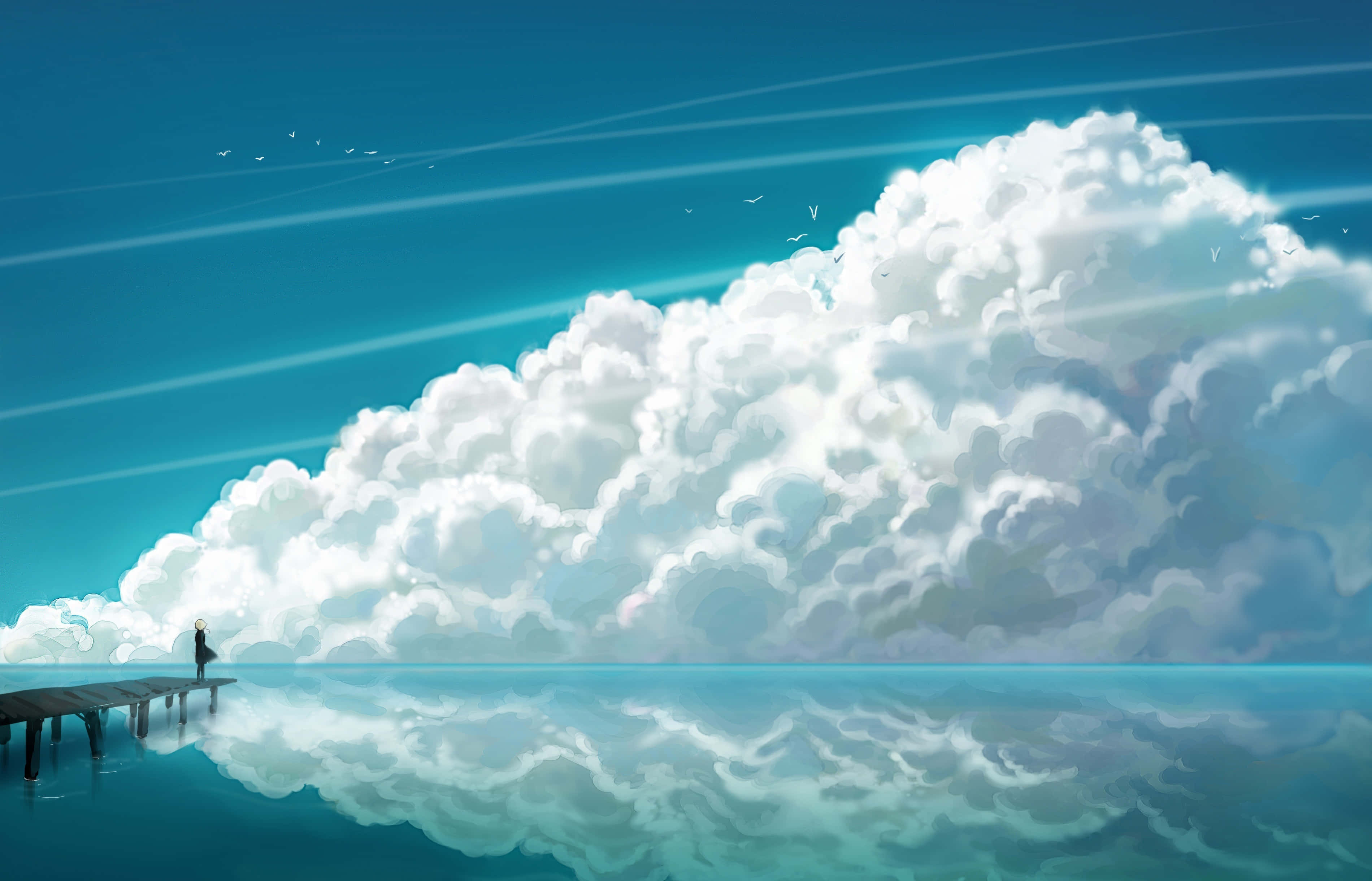 white clouds, wooden pier, calm turquoise water, 2K Desktop Wallpaper