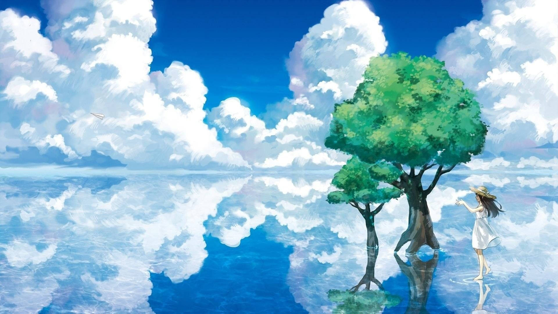 white dress, green tree, reflective blue surface, Full HD Desktop Wallpaper