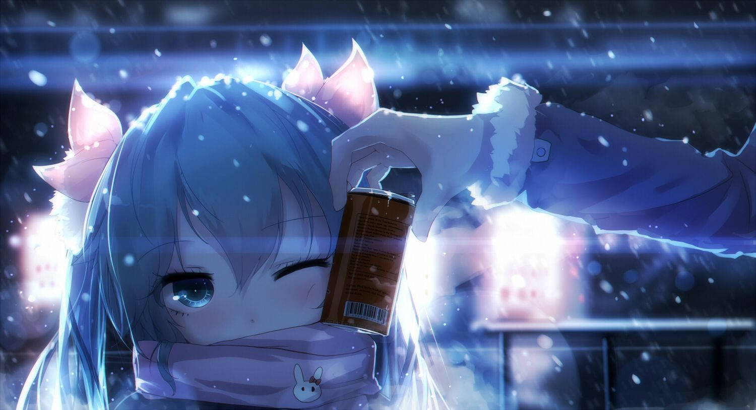 blue-haired anime girl, cat ears, snow falls, HD Desktop Wallpaper