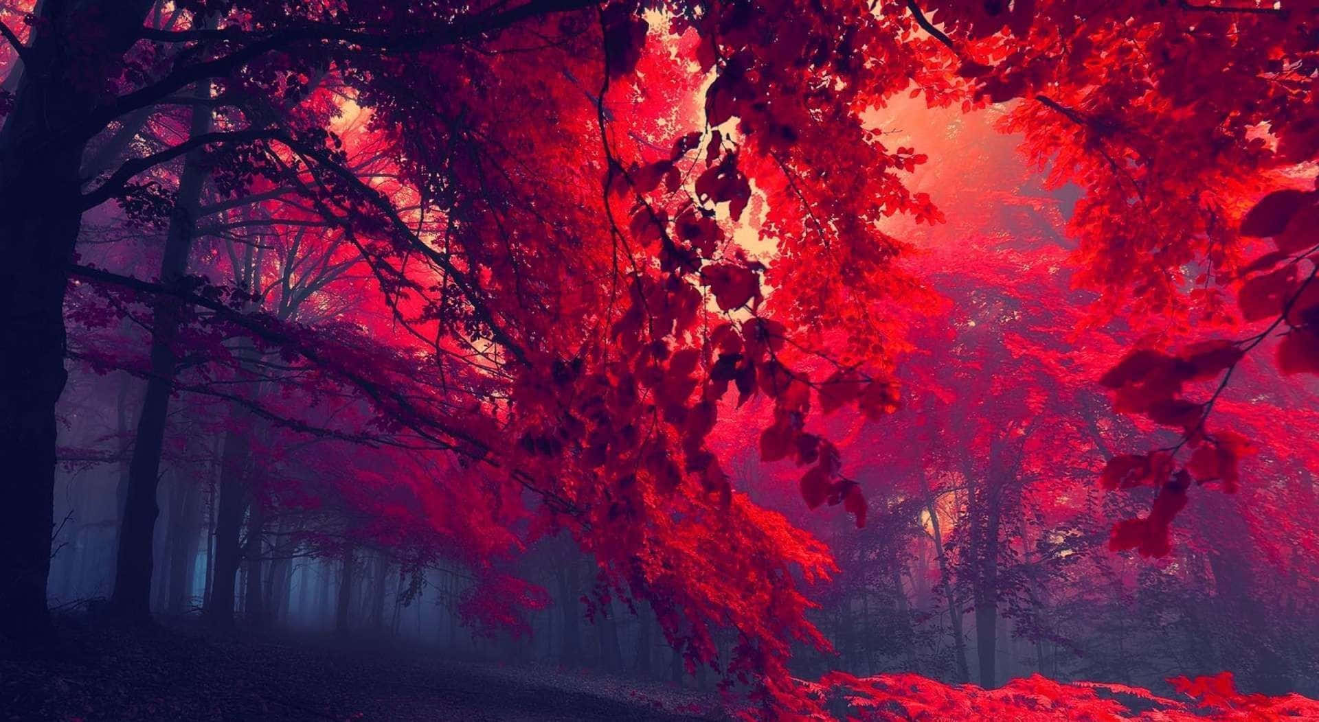 red anime aesthetic, vibrant red leaves, misty forest trees, Full HD Desktop Wallpaper