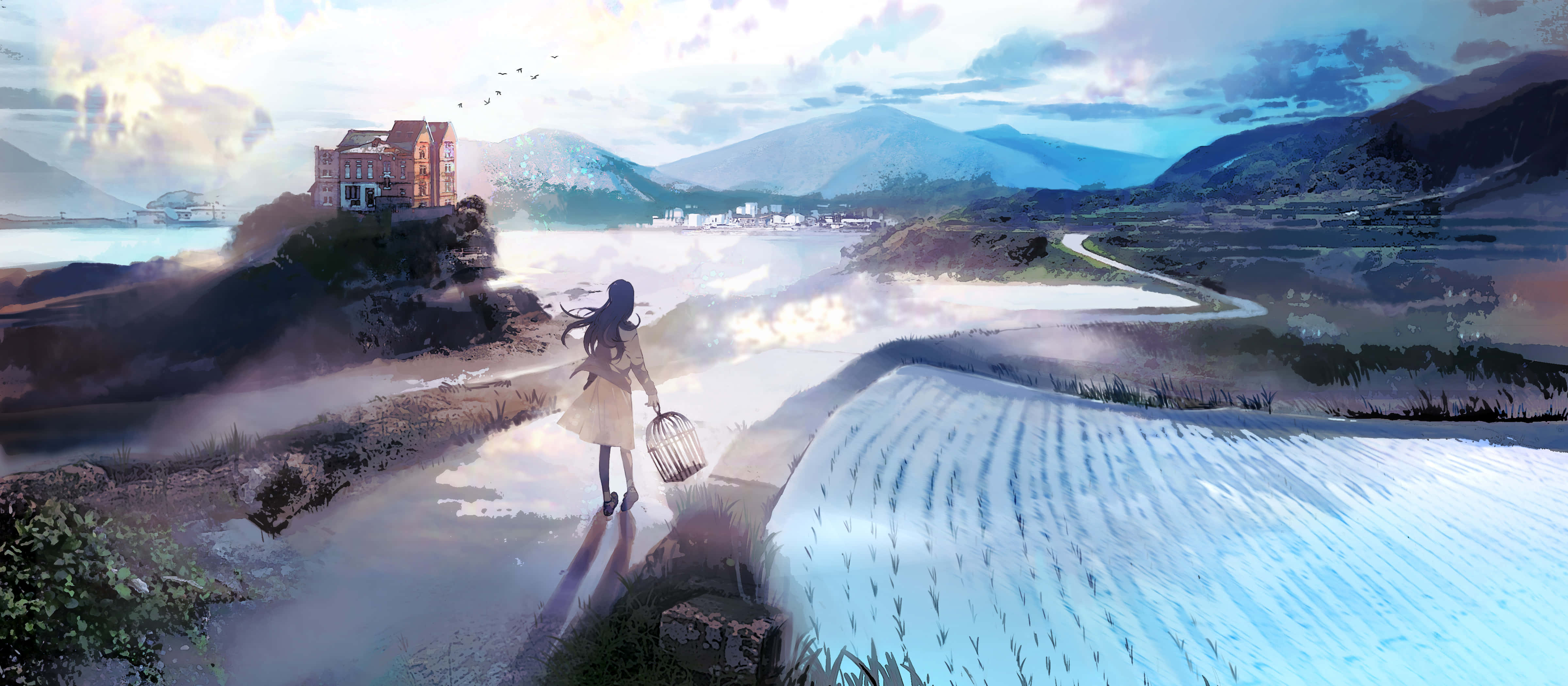 lone woman, misty riverbank, distant castle, 4K Desktop Wallpaper