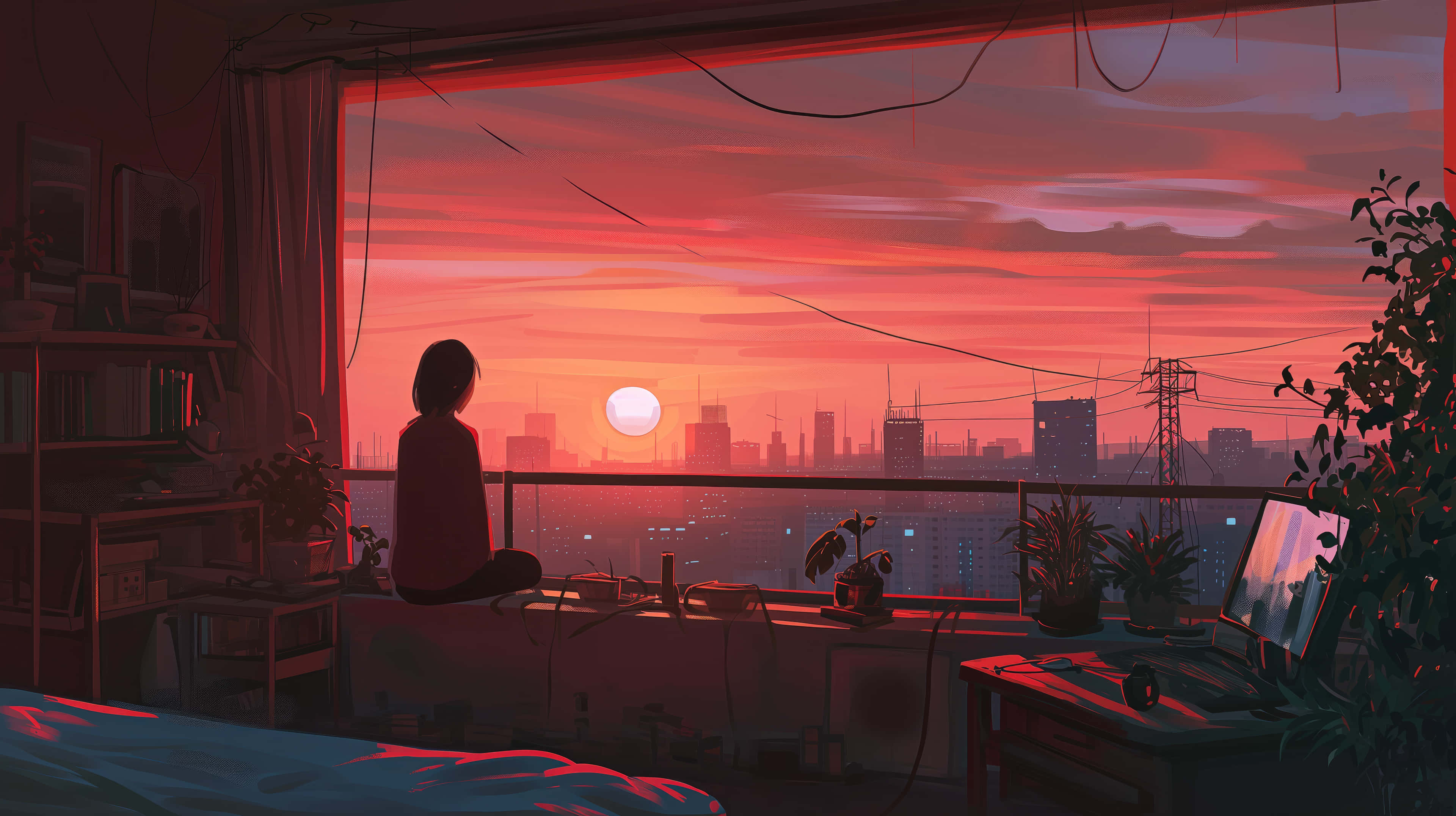 sunset silhouette, fiery red sunset, distant cityscape, 4K Desktop Wallpaper