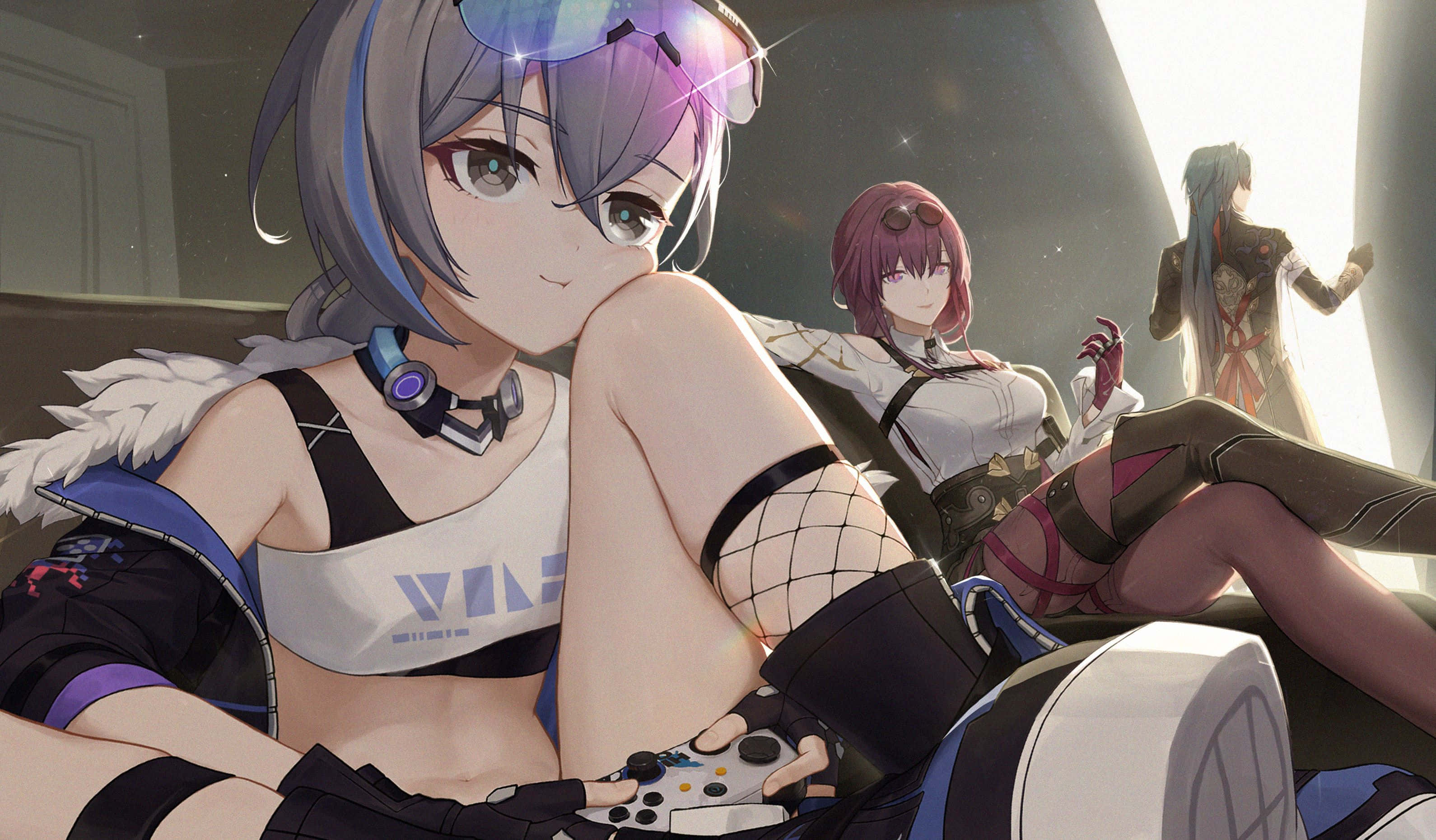 anime girls, game controller, dim room, 2K Desktop Wallpaper