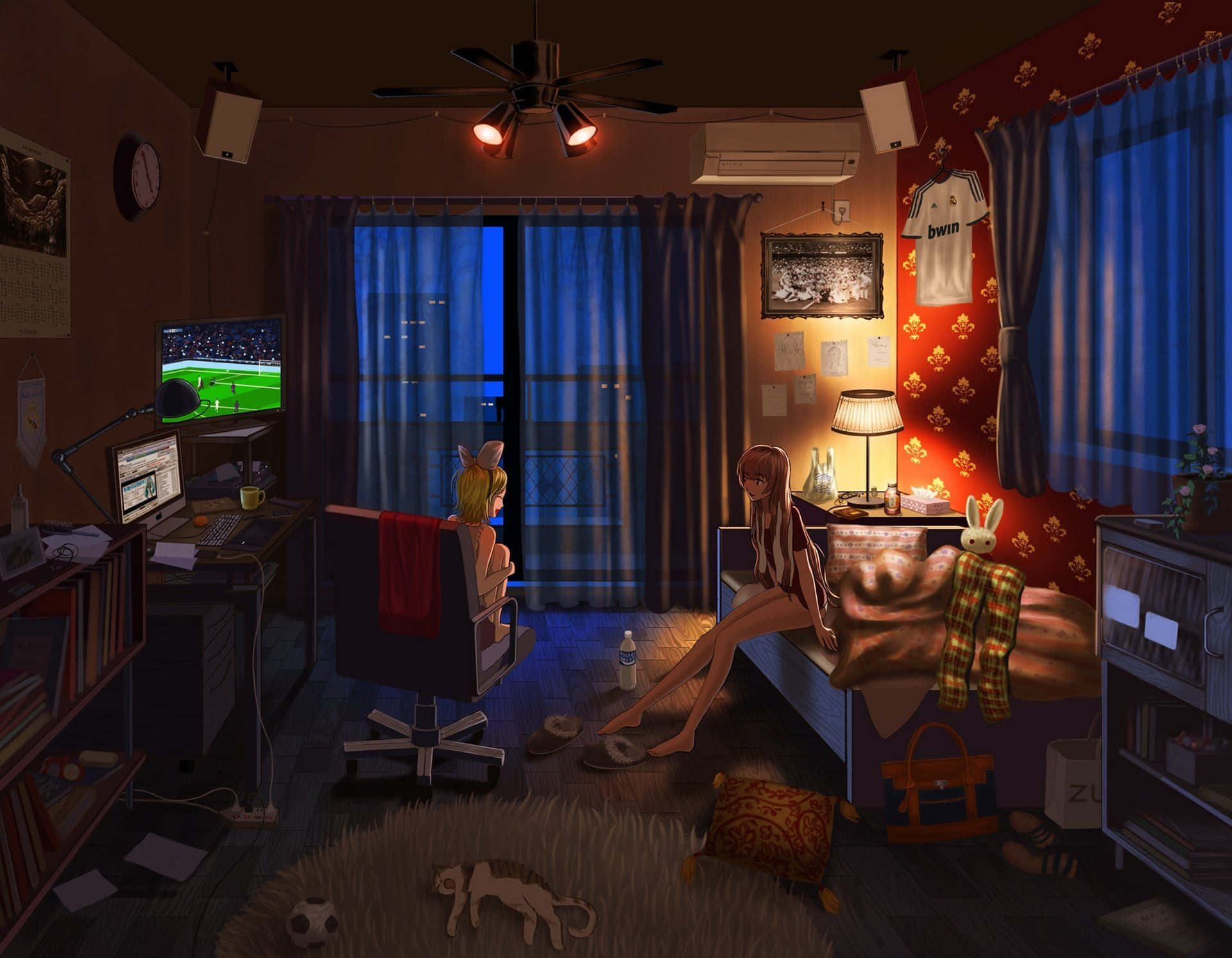 cozy anime, anime girls, dimly lit bedroom, Full HD Desktop Wallpaper
