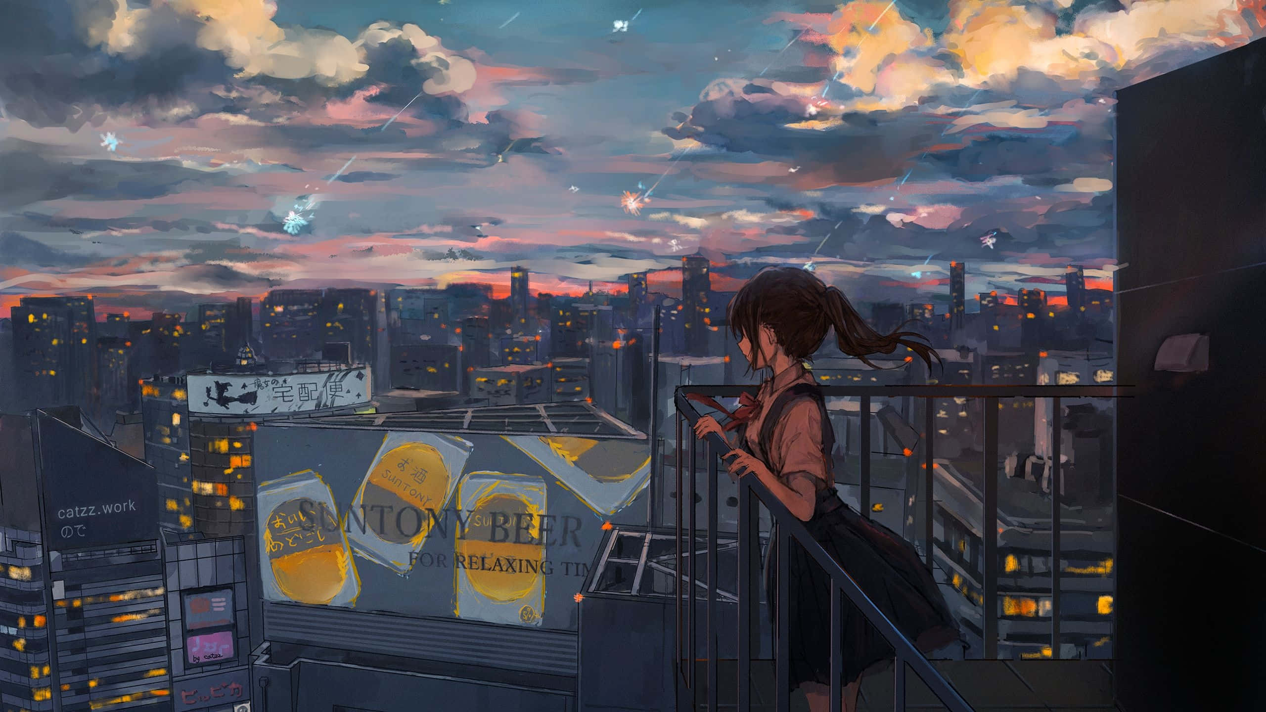 twilight melody on the rooftop, rooftop balcony, cityscape, 2K Desktop Wallpaper