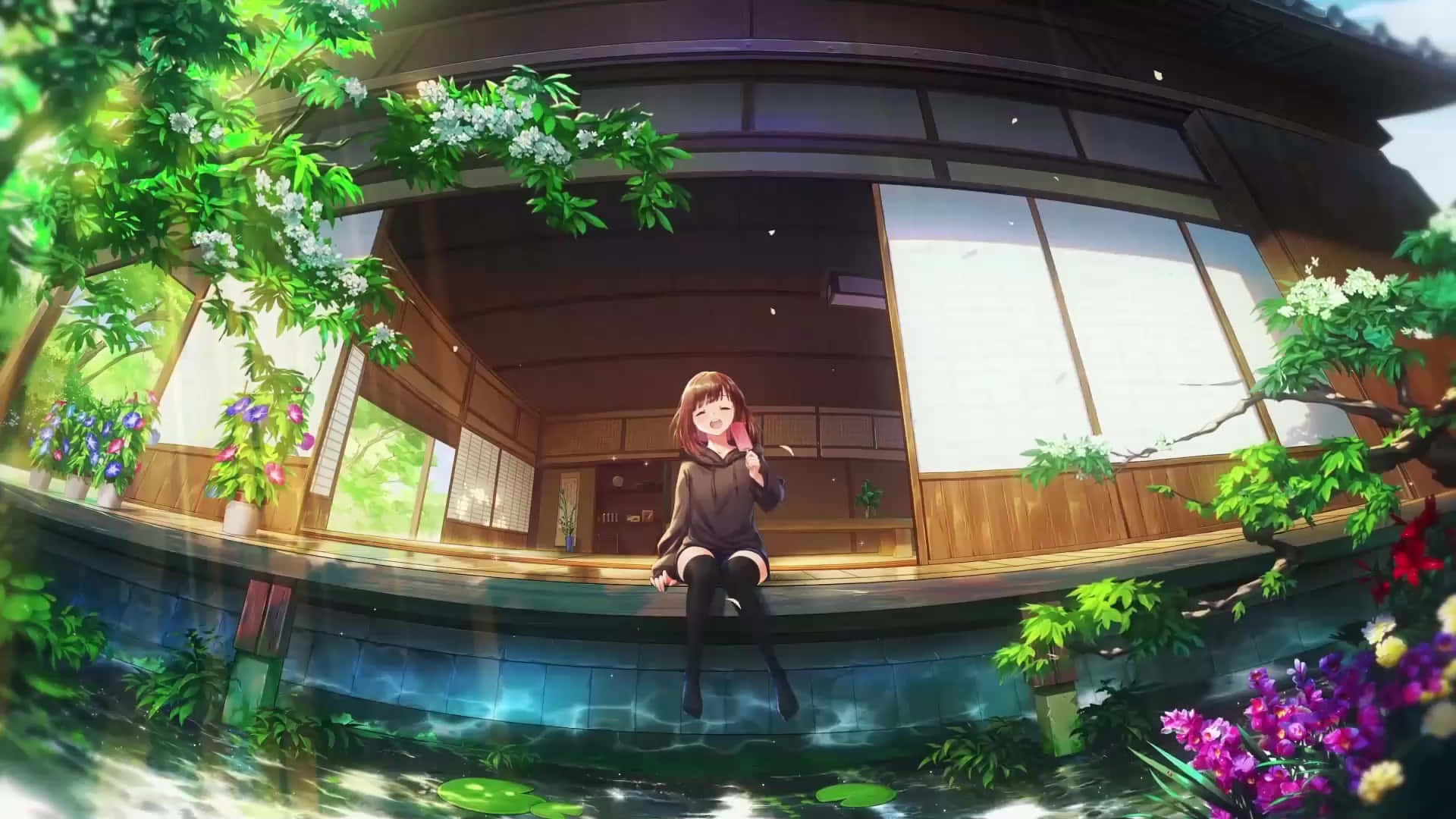 anime girl, koi pond, wooden porch, Full HD Desktop Wallpaper