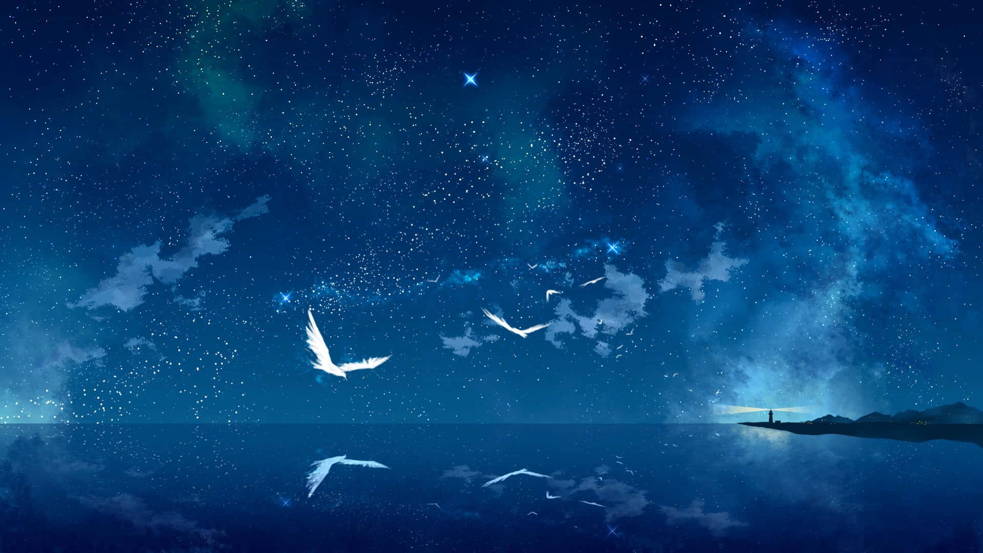 Starry Night Reflection Anime Scene, starry deep blue sky, nebulae, Full HD Desktop Wallpaper