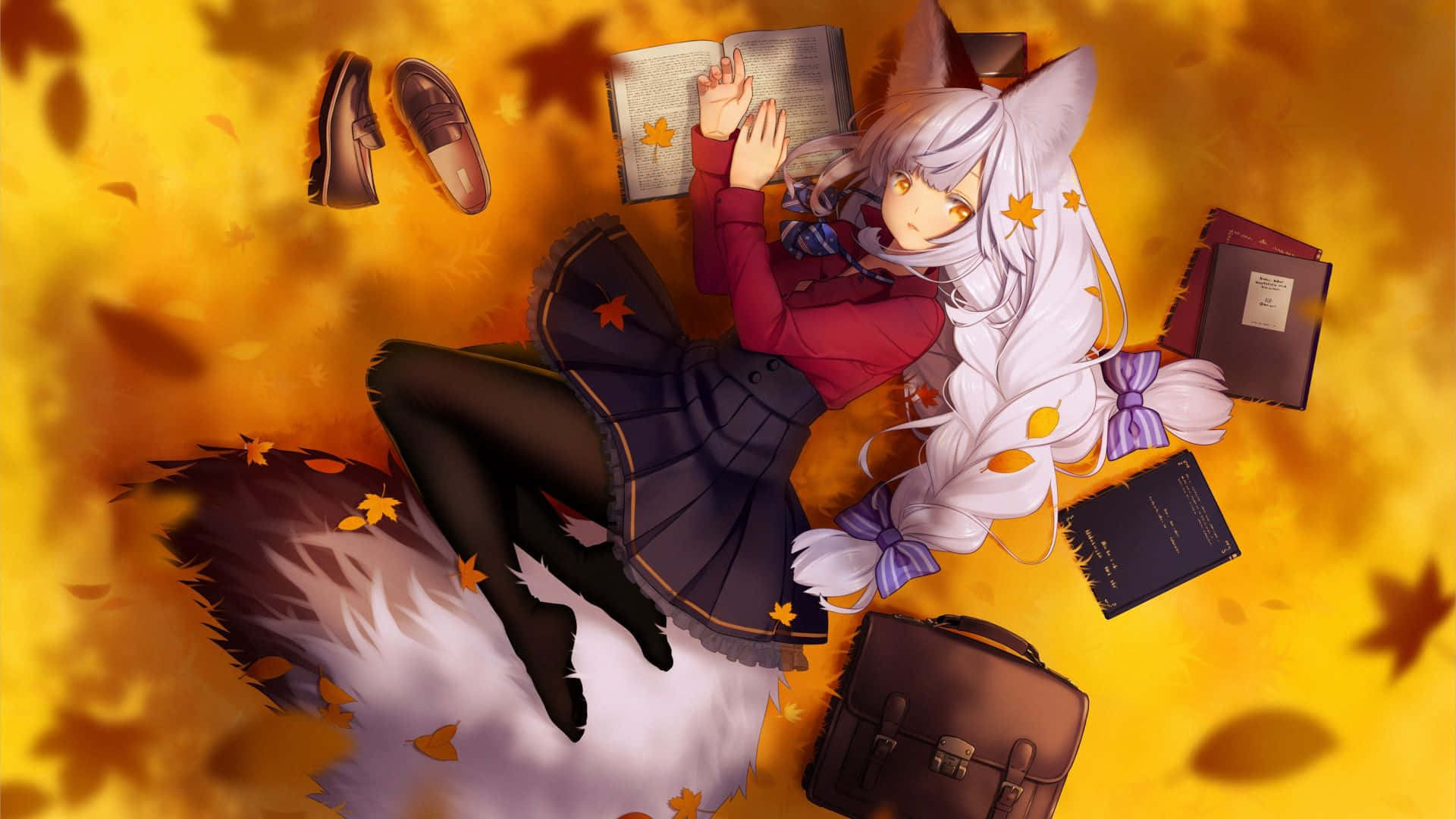 white-haired fox-eared anime girl, school uniform, autumn leaves, Full HD Desktop Wallpaper