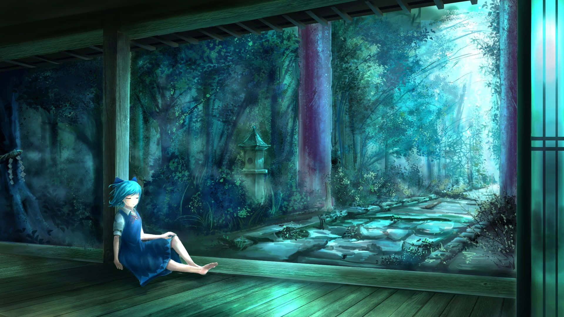 blue-haired girl, blue dress, wooden floor, Full HD Desktop Wallpaper
