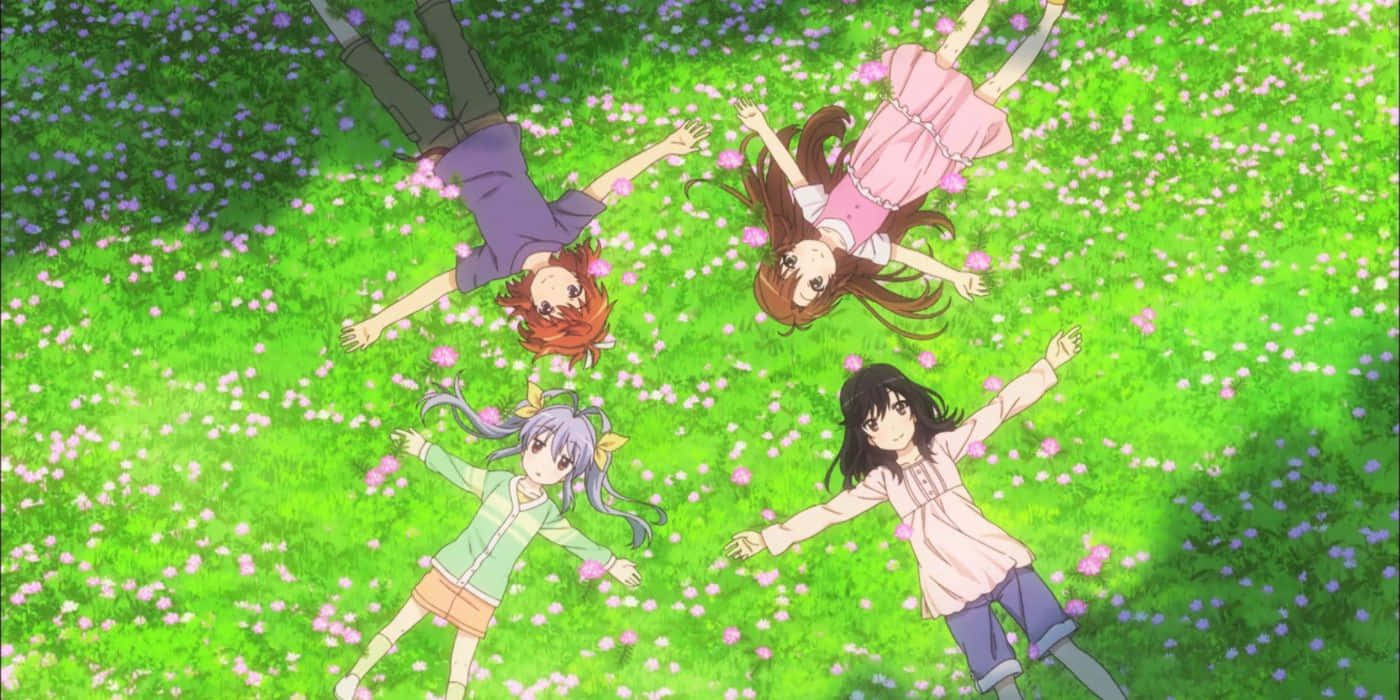 anime girls, vibrant green field, pink and purple flowers, HD Desktop Wallpaper