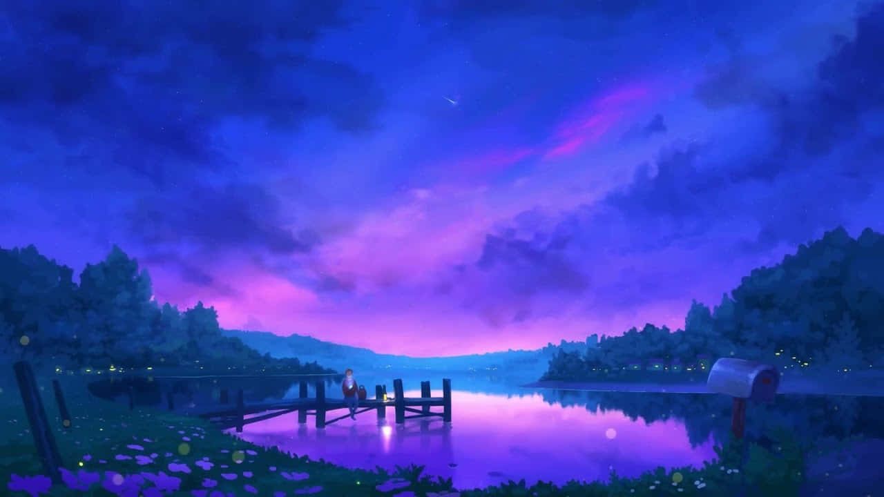 twilight lake, wooden dock, vibrant purple and blue clouds, HD Desktop Wallpaper