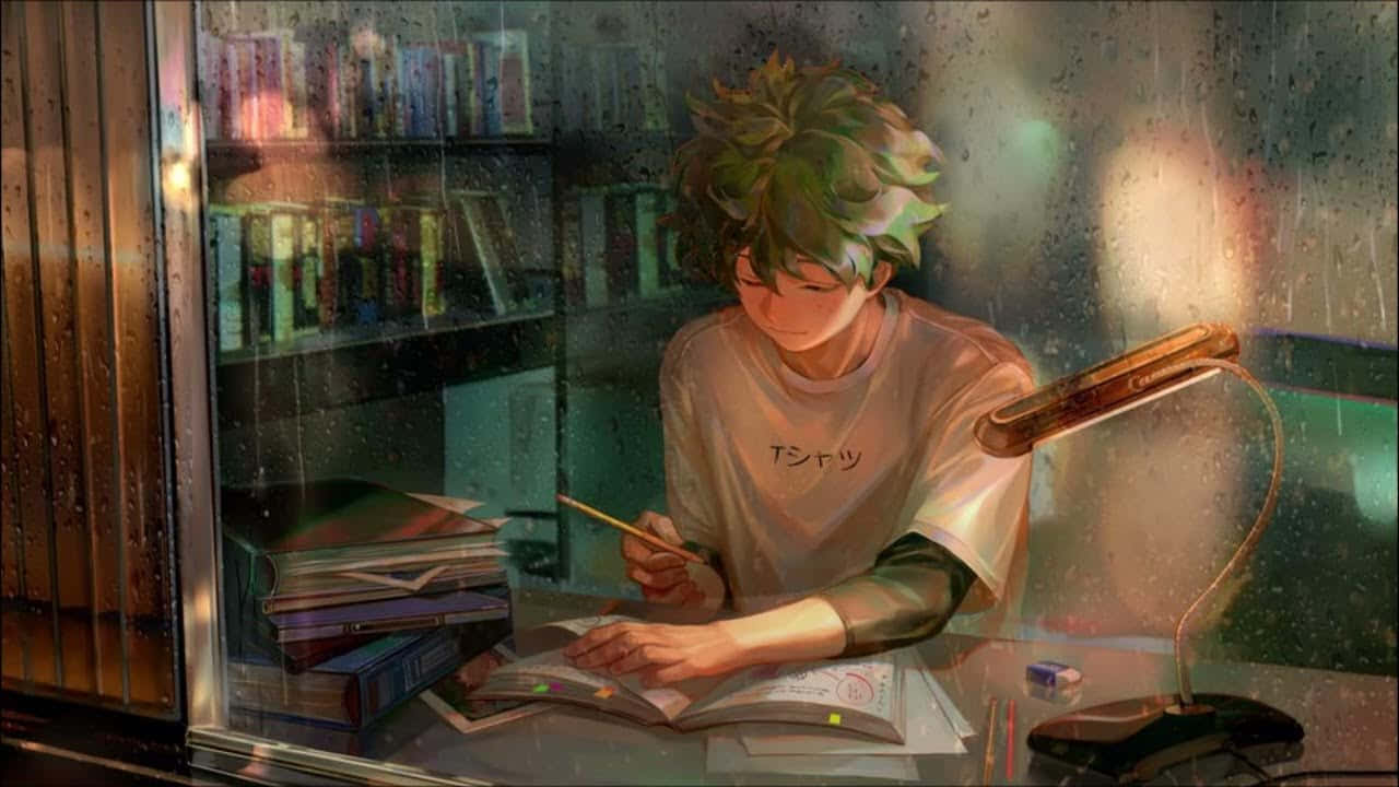 green hair, rain-streaked window, warm desk lamp, HD Desktop Wallpaper