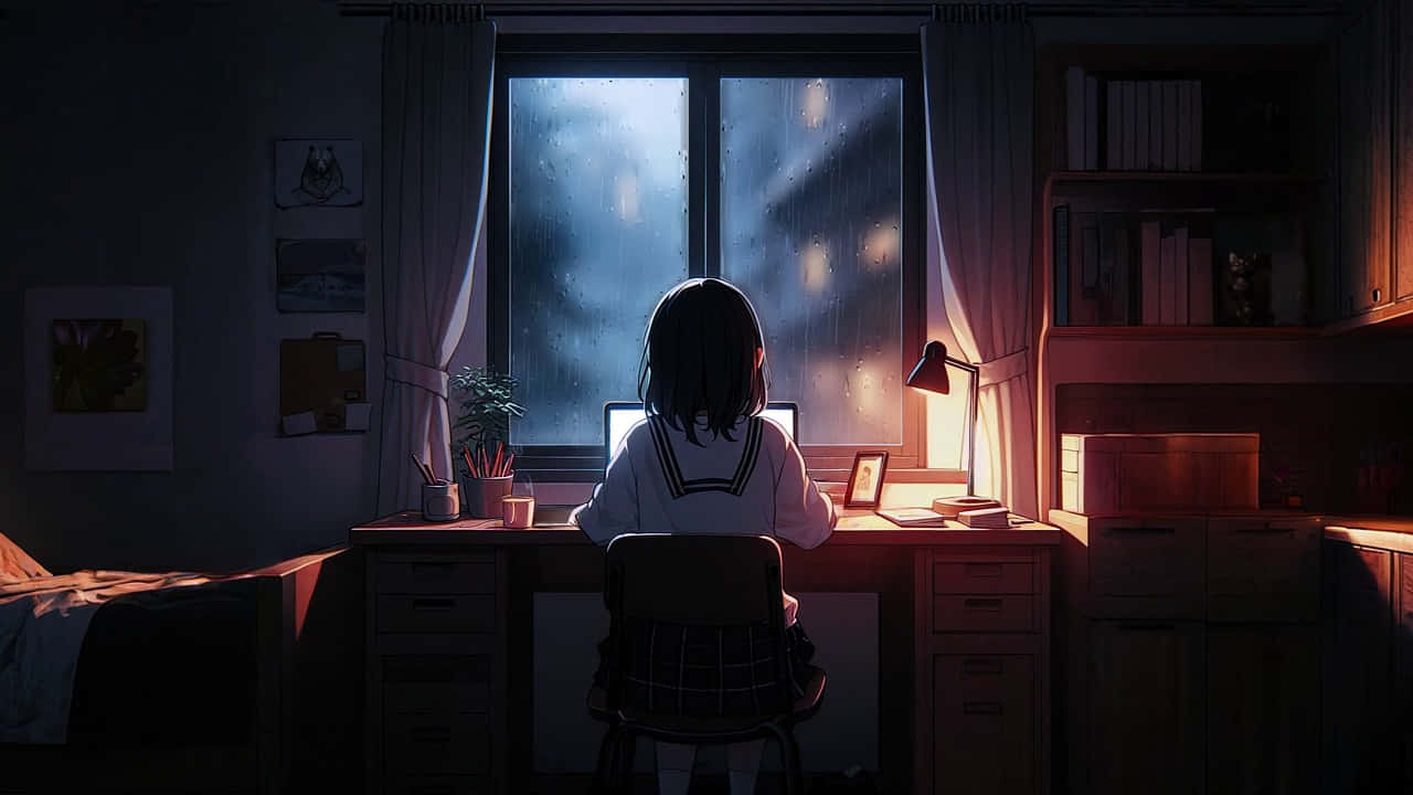 moonlit study session, school uniform, wooden desk, HD Desktop Wallpaper
