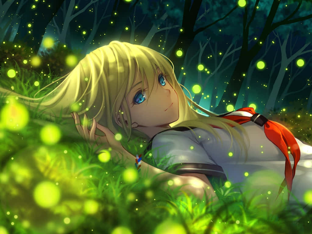 enchanted forest, glow anime girl, blonde anime girl, SD Desktop Wallpaper