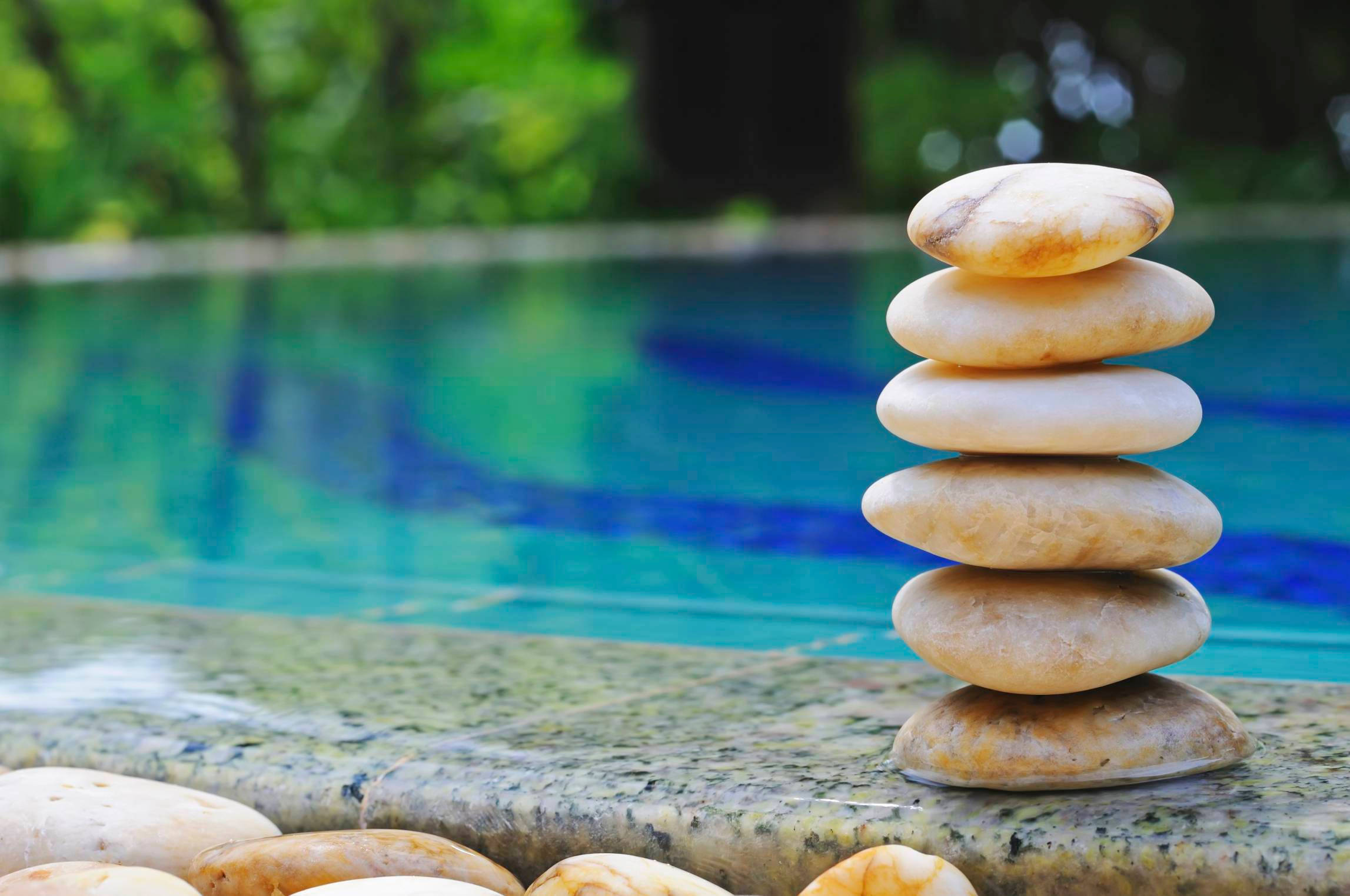 turquoise pool, lush greenery, smooth stones, Full HD Desktop Wallpaper