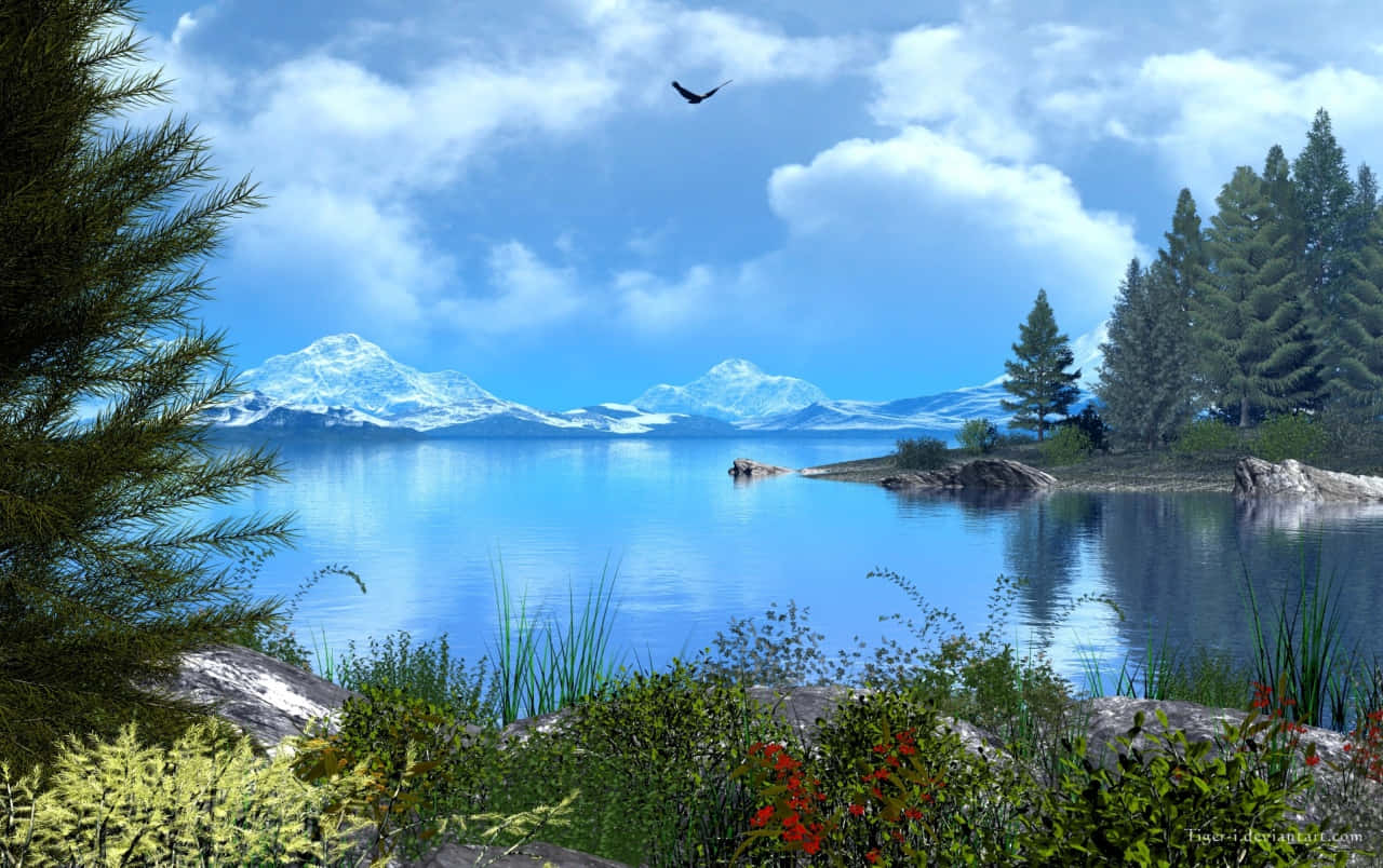 majestic lake view, snow-capped mountains, bright blue sky, HD Desktop Wallpaper