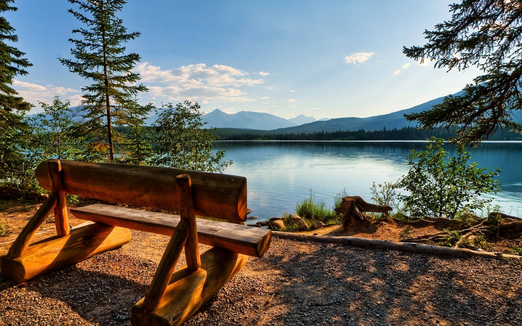 rustic wooden bench, tranquil lake, pine trees, HD Desktop Wallpaper