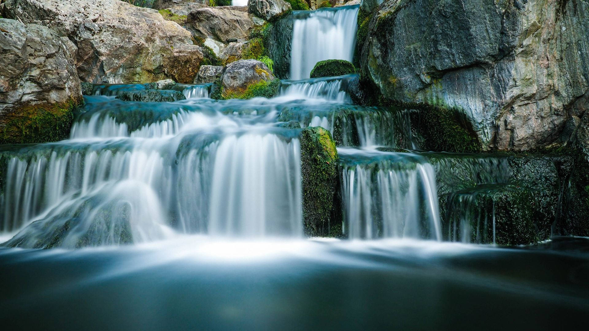 Relaxing Desktop, waterfalls, mossy rocks, Full HD Desktop Wallpaper