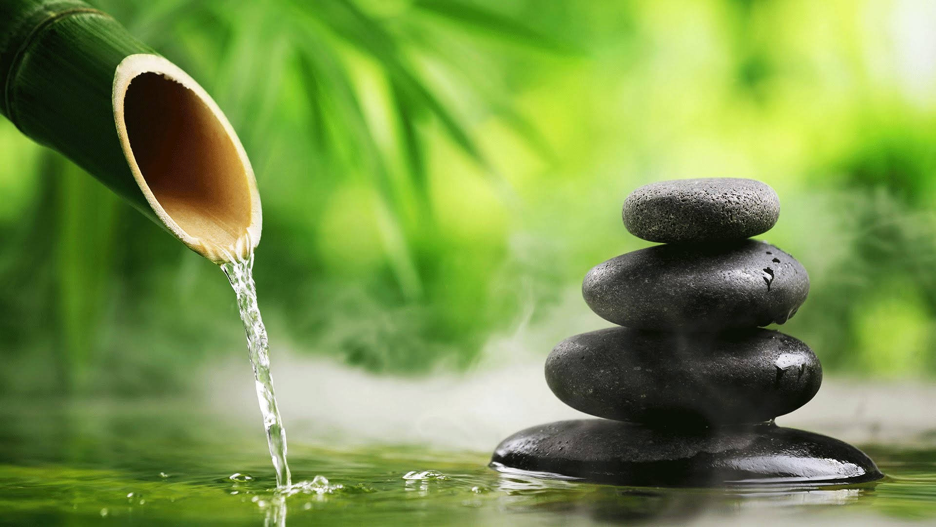 waterfall, bamboo spout, pond, Full HD Desktop Wallpaper