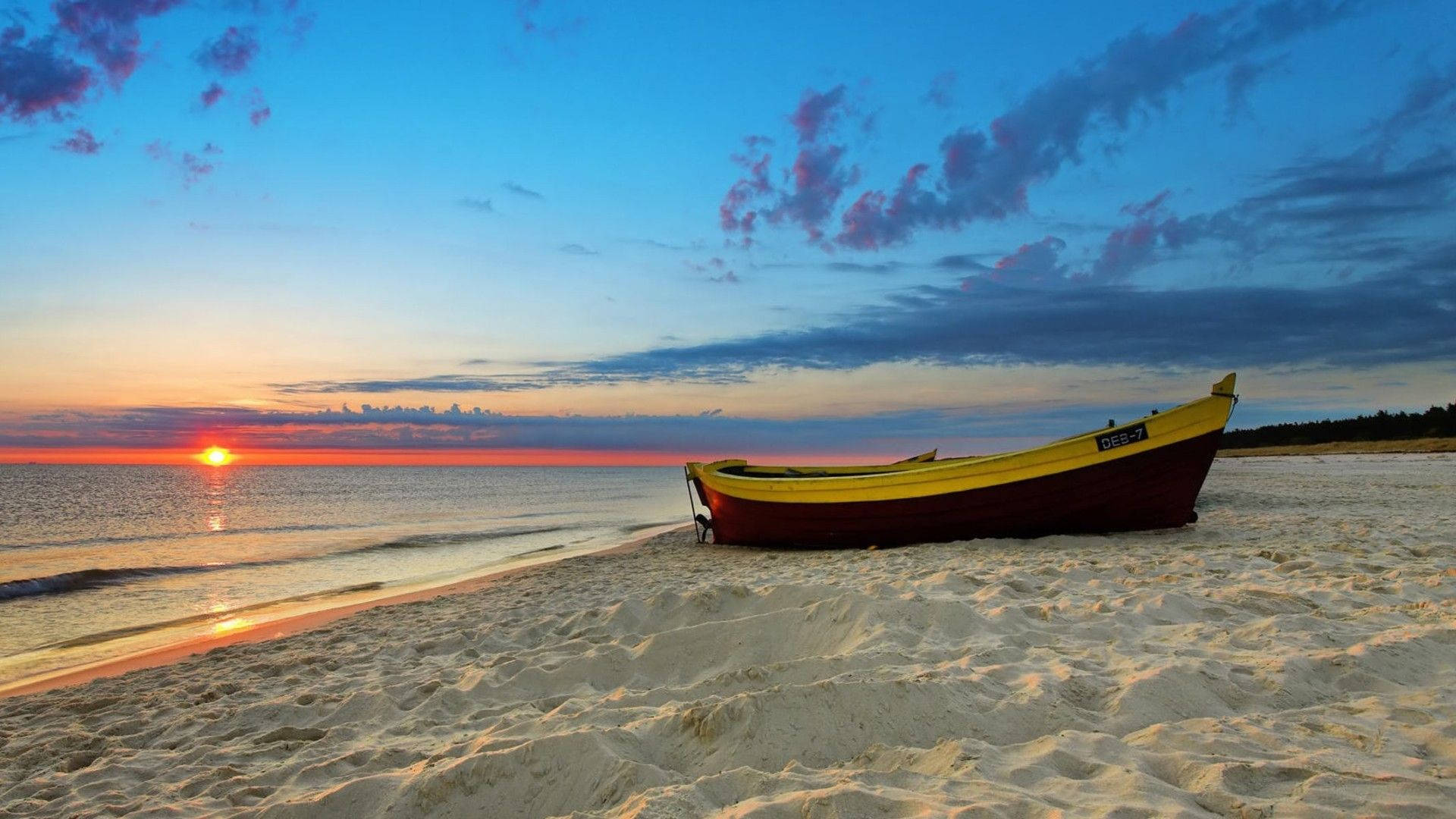 boat, beach, sunset, Full HD Desktop Wallpaper