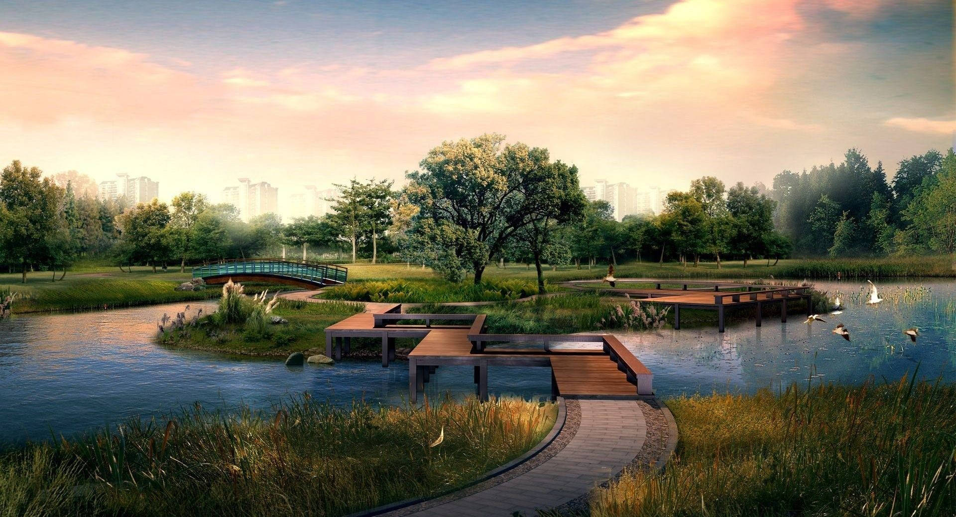 sunset, park pond, wooden walkways, Full HD Desktop Wallpaper