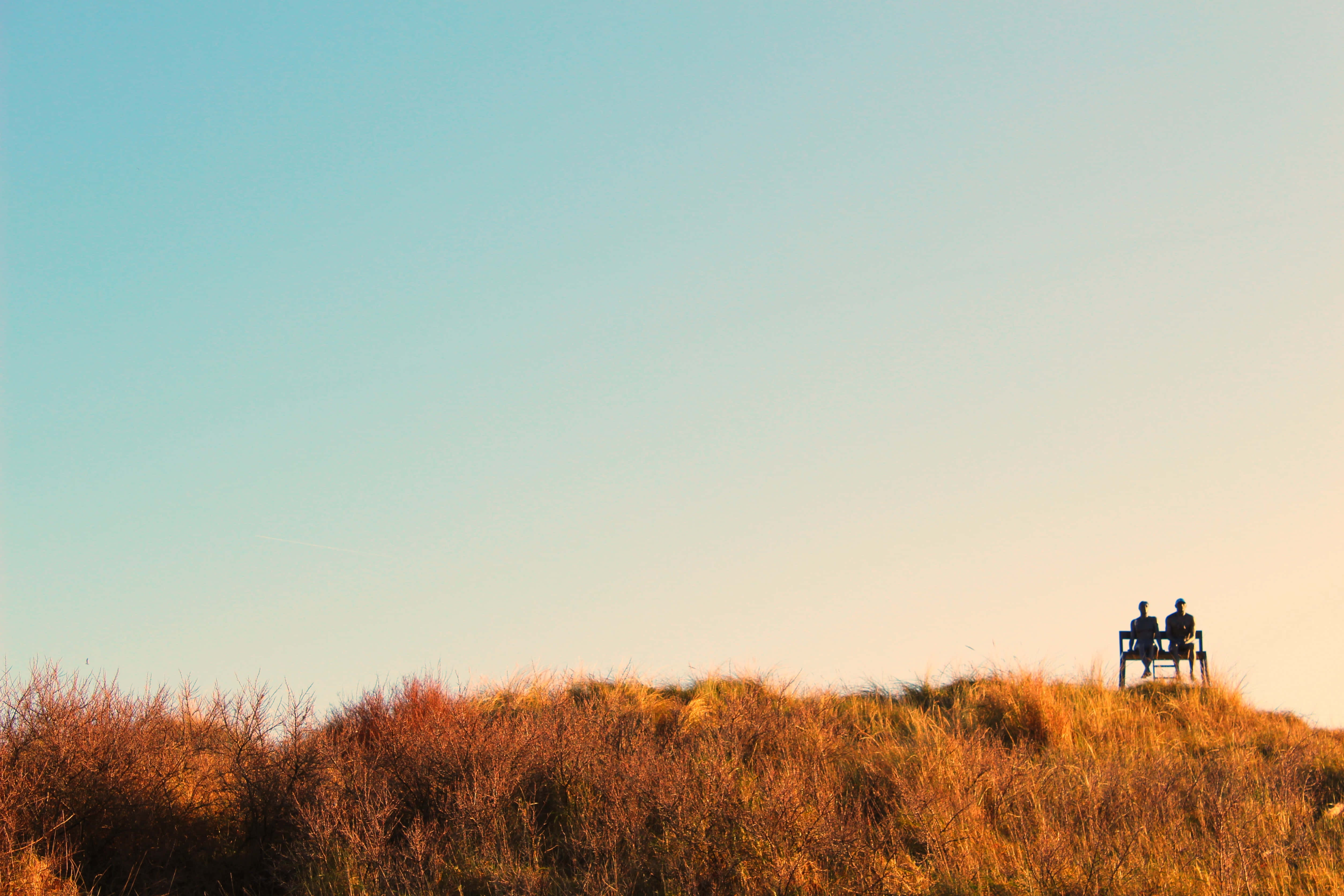 silhouetted figures, bench, grassy dune, 4K Desktop Wallpaper