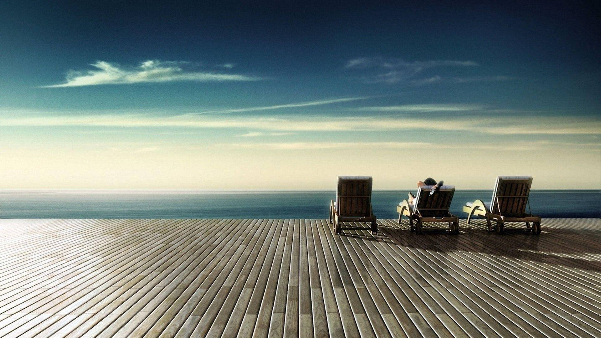wooden lounge chair, vast wooden deck, calm ocean, Full HD Desktop Wallpaper