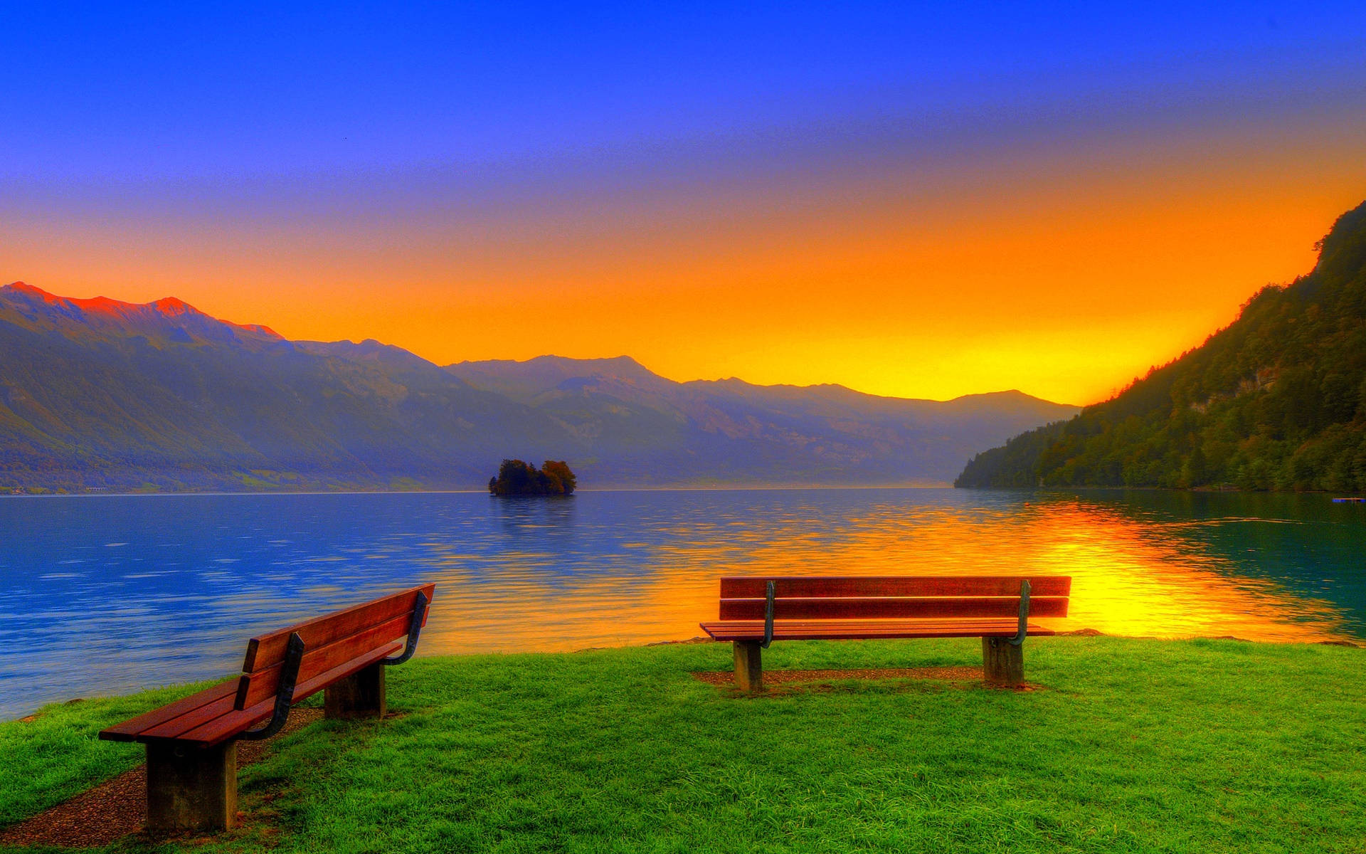 sunset, tranquil lake, fiery orange sky, Full HD Desktop Wallpaper