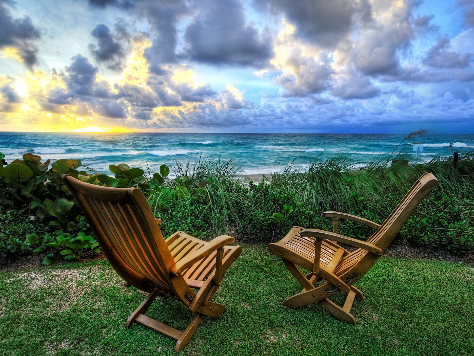 turquoise ocean, sunset, dramatic clouds, Full HD Desktop Wallpaper
