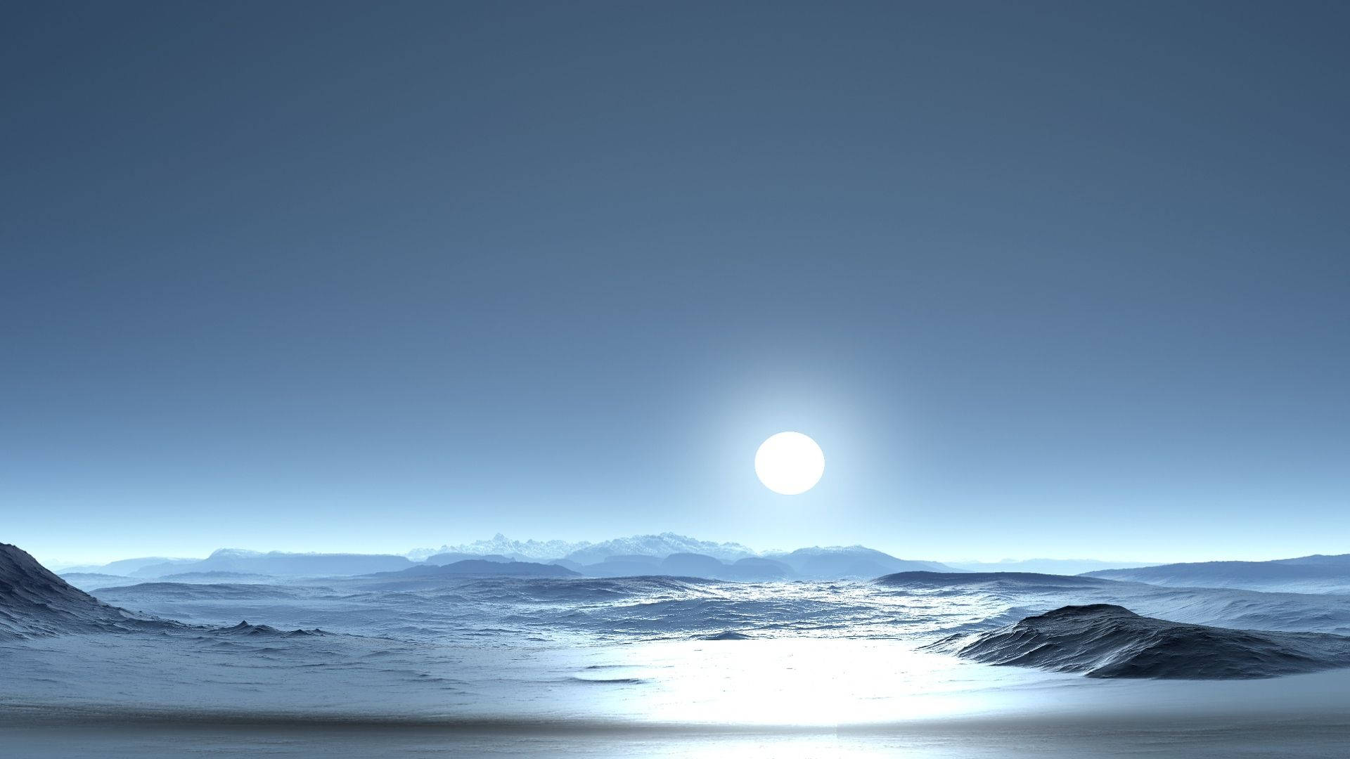 icy landscape, bright sun, distant mountains, Full HD Desktop Wallpaper