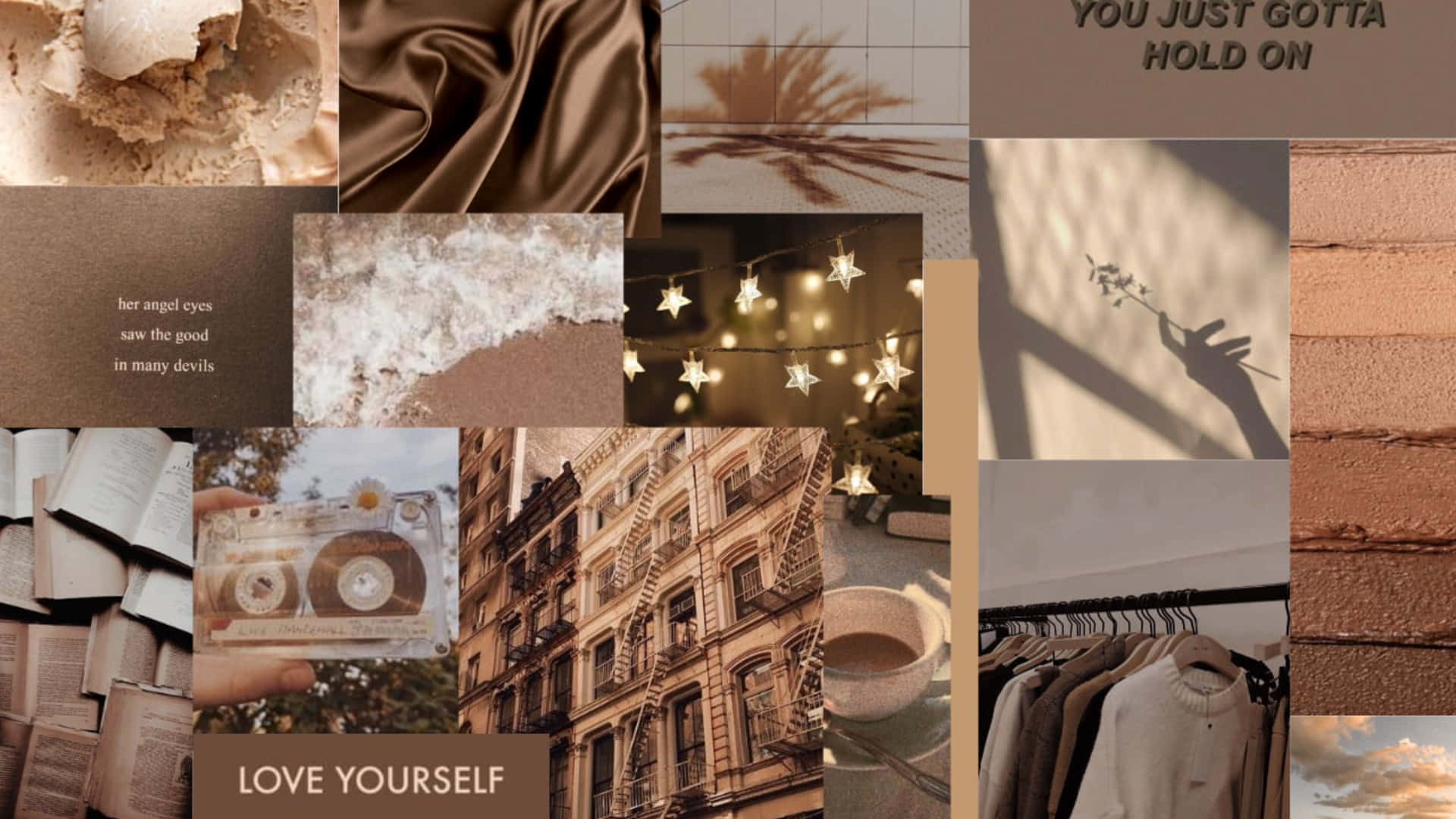 Soft Brown Aesthetic Collage Desktop, vintage textures, books, Full HD Desktop Wallpaper