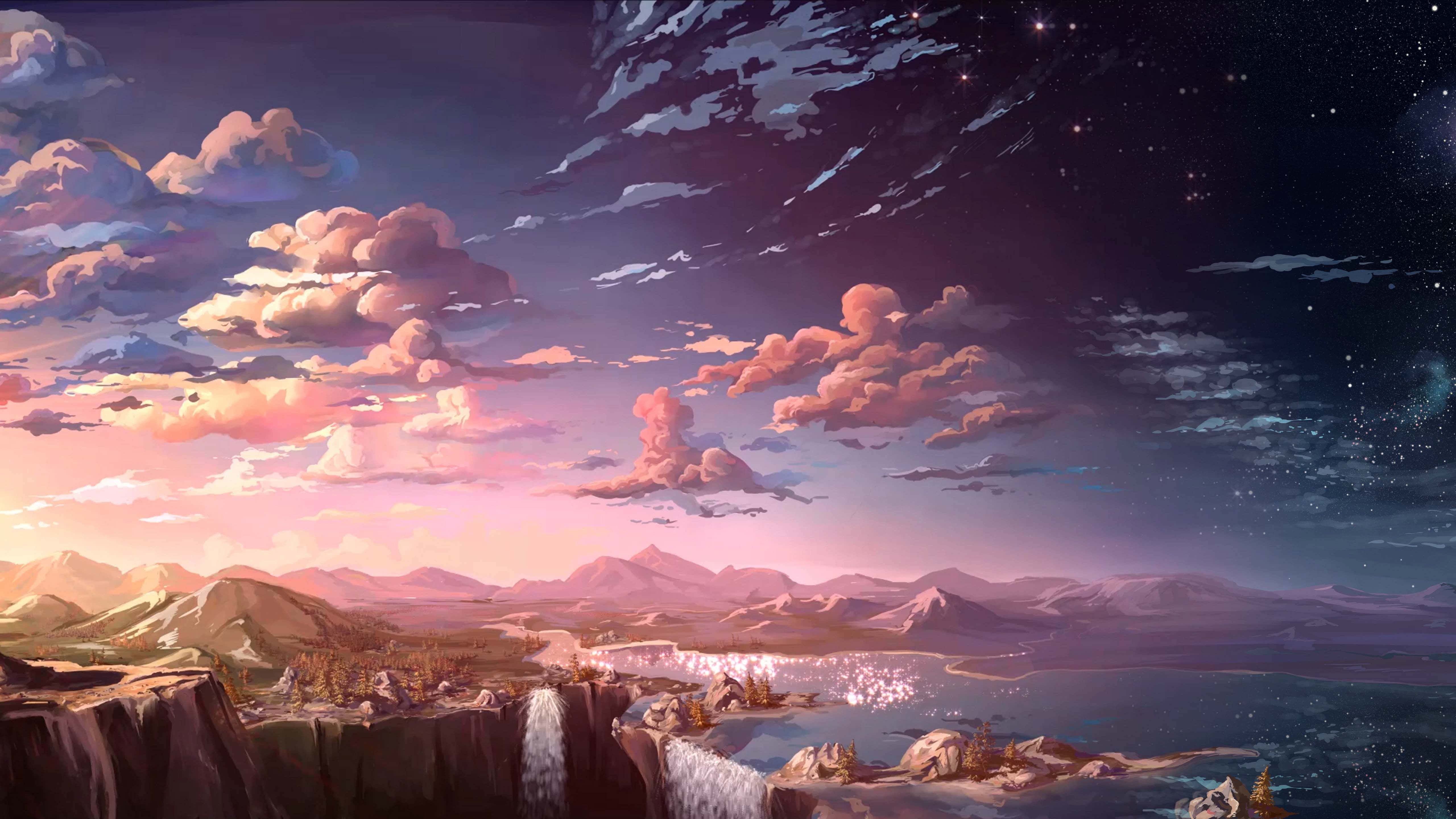 surreal twilight landscape, pink clouds, snow-capped mountains, 5K Desktop Wallpaper