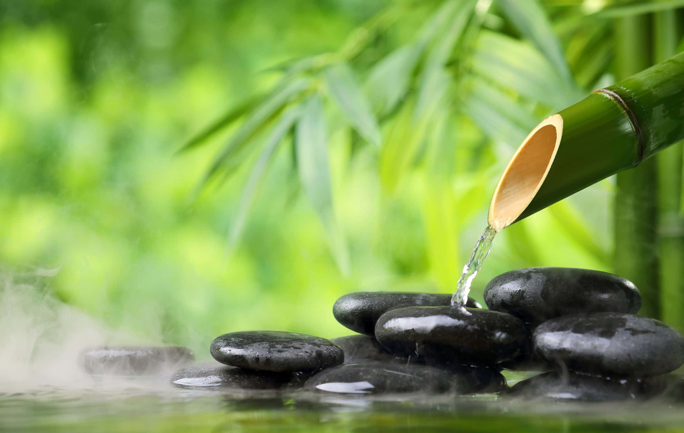 Therapeutic Desktop, bamboo tube, smooth black stones, Full HD Desktop Wallpaper