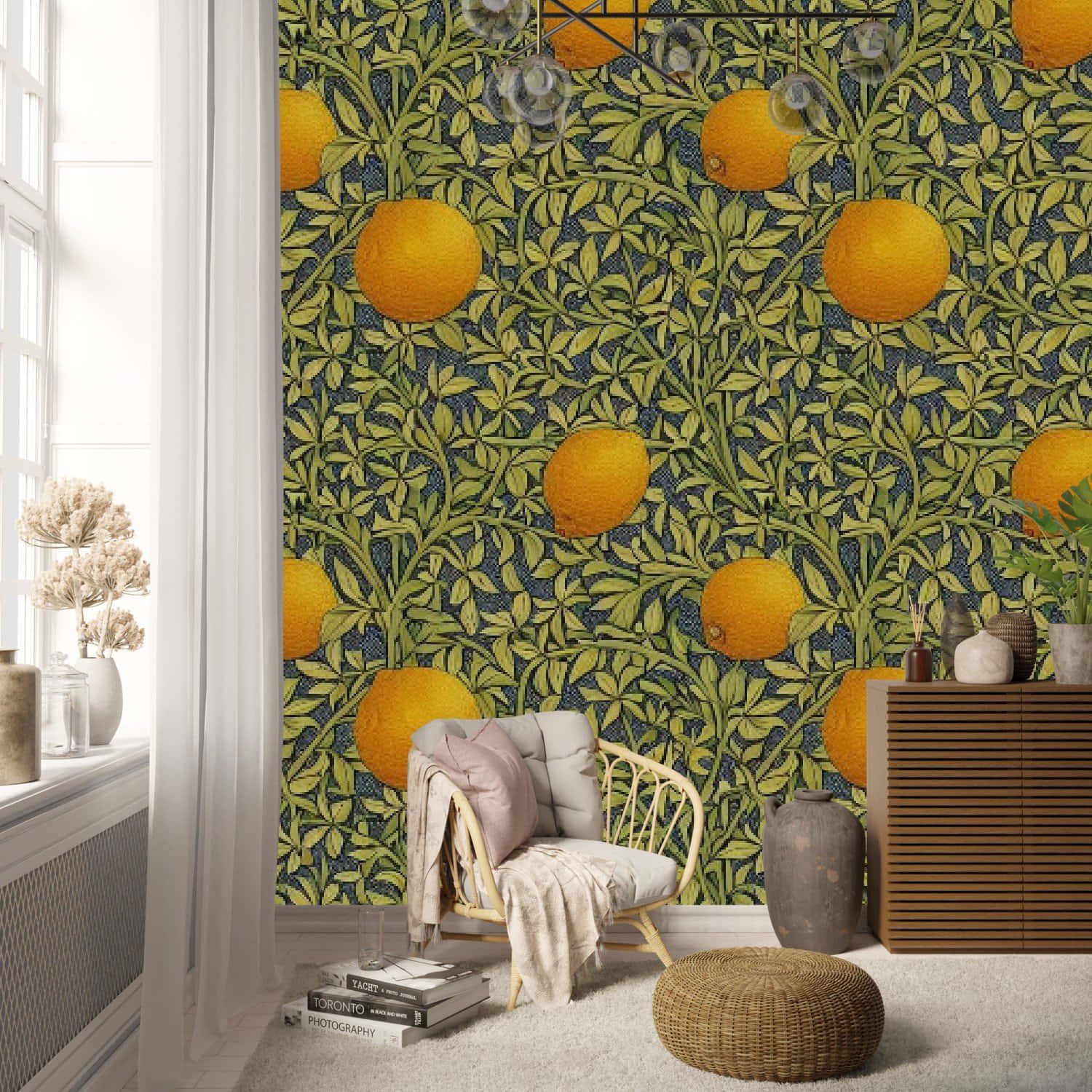 cozy room, vibrant wallpaper, repeating orange fruits, HD Desktop Wallpaper